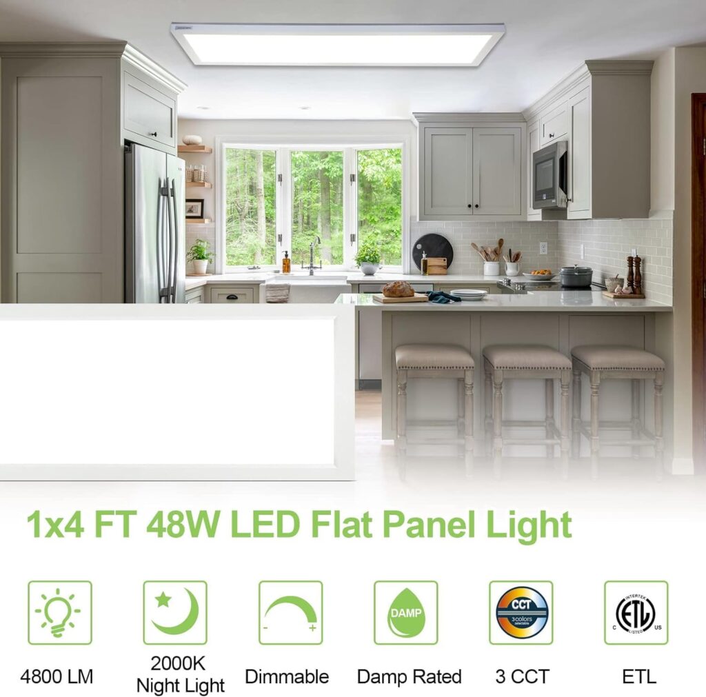 1x4 FT 3CCT LED Flat Panel Flush Mount Light with Night Light, 4800LM, 48W, 3000K/4000K/5000K Selectable, Dimmable Ultra Slim Edge-Lit Built-in Driver Surface Mount Ceiling Light for Kitchen, 2 Pack