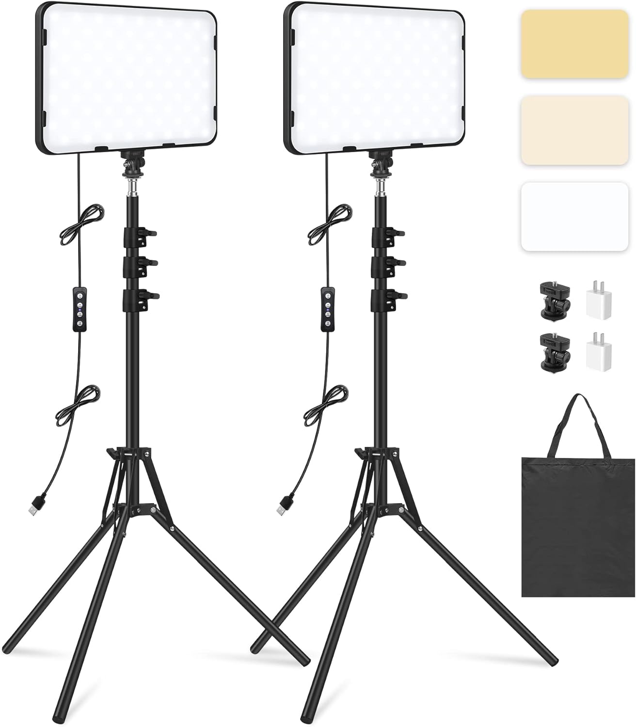 2 Pack LED Video Light with 63 Tripod Stand, Obeamiu 2500-8500K Dimmable Photography Studio Lighting for Video Film Recording/Collection Portrait/Live Game Streaming/YouTube Podcast, USB Charger