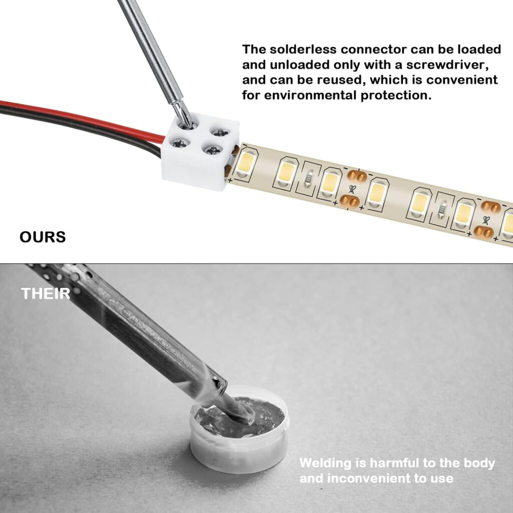 25 Pack Solderless LED Tape Light Connector 2 Pin Terminal Block Connector Screw Down LED Strip Connector 8mm Tape to Wire for 5V 12V 24V Single Color LED Strip Lights, White, Screwdriver Included