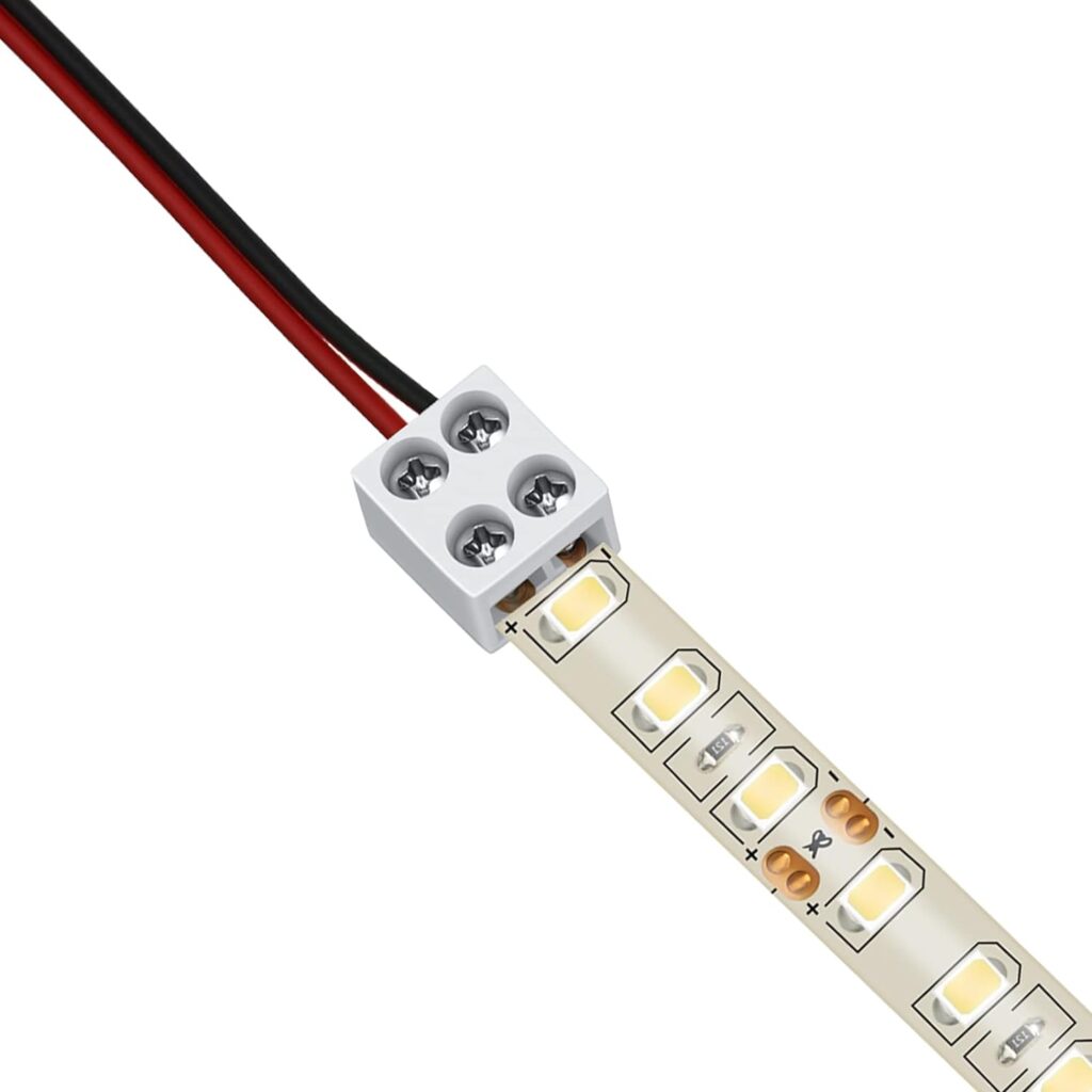 25 Pack Solderless LED Tape Light Connector 2 Pin Terminal Block Connector Screw Down LED Strip Connector 8mm Tape to Wire for 5V 12V 24V Single Color LED Strip Lights, White, Screwdriver Included