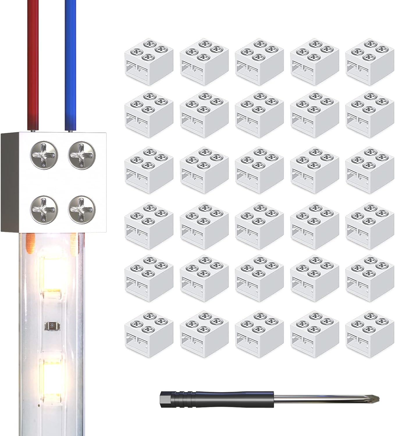 30 Pcs 8mm 2 Pin Solderless LED Light Strip Connectors - Lustaled 2 pin Screw Down Terminal Block Connector for 8MM Tape to Wire for 5V 12V 24V Single Color LED Strip Light,White, Screwdriver Included