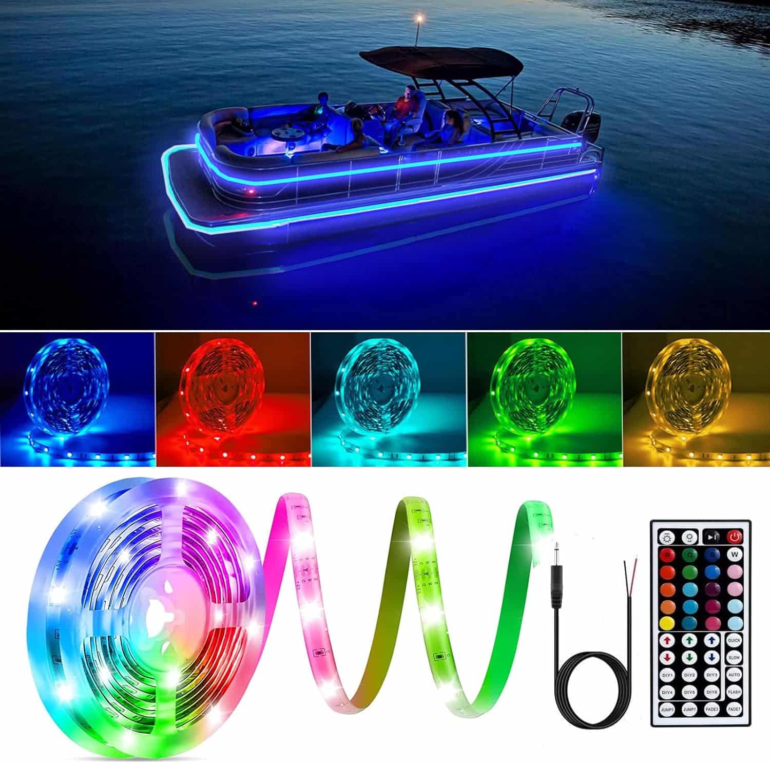 32.8Ft Boat Lights, Waterproof Led Strip Lights, 20 Colors Changing Boat Accessories with Remote, 12V Flexible RGB Lights for Boat Sailboat Kayak Fishing RV Awning Lights