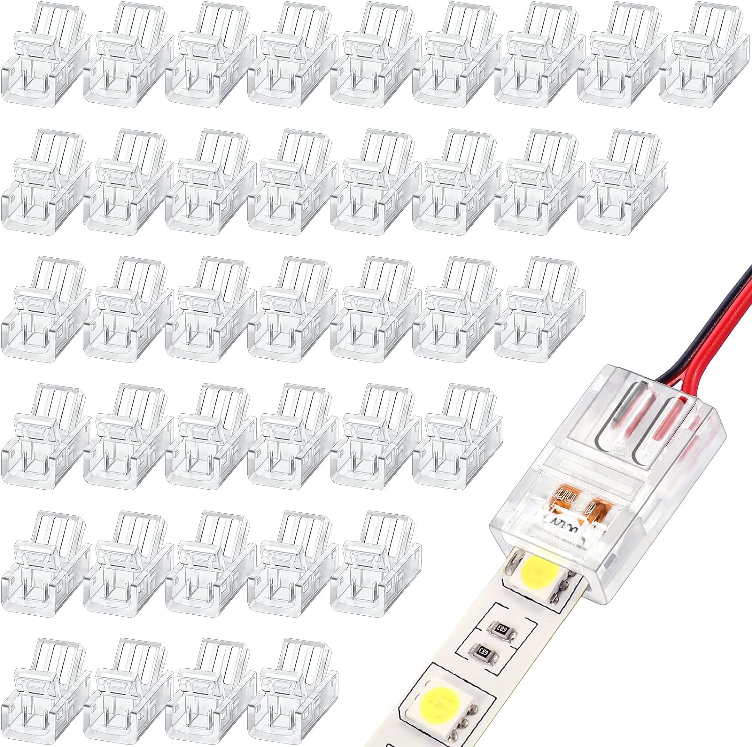 40 Pieces RGB LED Light Strip Connectors Unwired Gapless Solderless Adapter Terminal Extension Waterproof LED Light Adapter Transparent Led Strips Extensions, 5v 12v 24v (2 Pin, 8 mm)