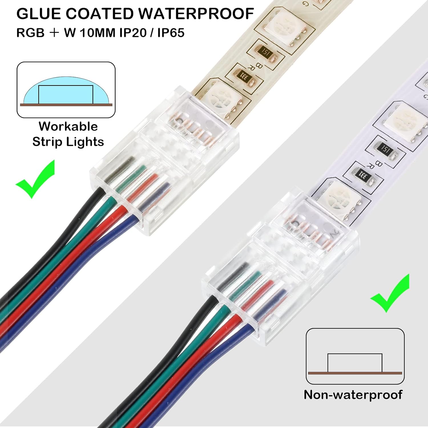 40 Pieces RGB LED Light Strip Connectors Unwired Gapless Solderless Adapter Terminal Extension Waterproof LED Light Adapter Transparent Led Strips Extensions, 5v 12v 24v (2 Pin, 8 mm)