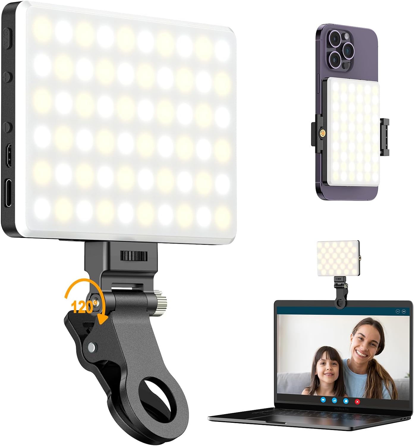 60 LED Selfie Light, Clip-on Rechargeable Phone Light with CRI 95+, 3 Color Temperatures, 10 Brightness Levels, Portable Video Light for Makeup, Selfies, TikTok, Vlog, Video Conference, Live Stream