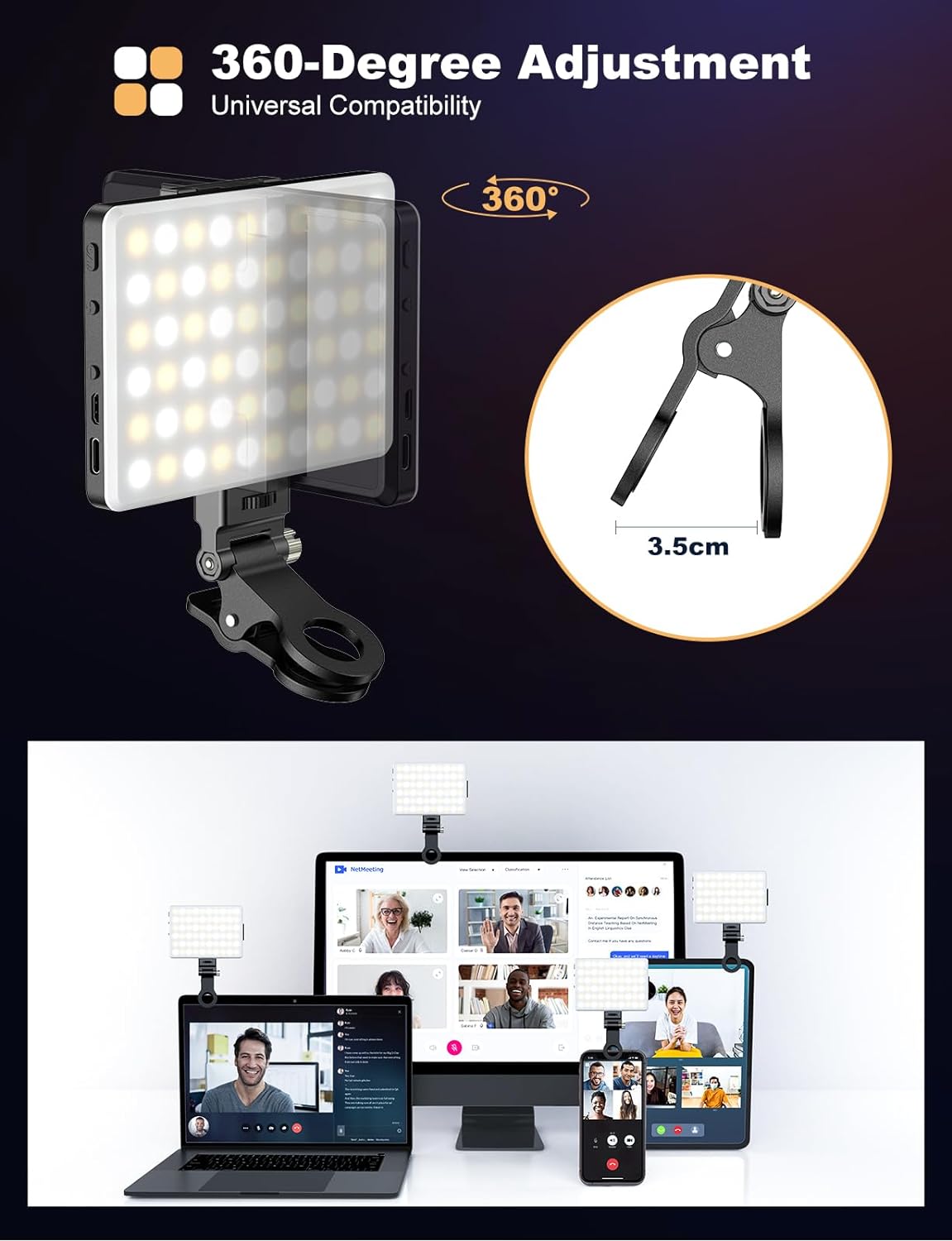 60 LED Selfie Light, Clip-on Rechargeable Phone Light with CRI 95+, 3 Color Temperatures, 10 Brightness Levels, Portable Video Light for Makeup, Selfies, TikTok, Vlog, Video Conference, Live Stream