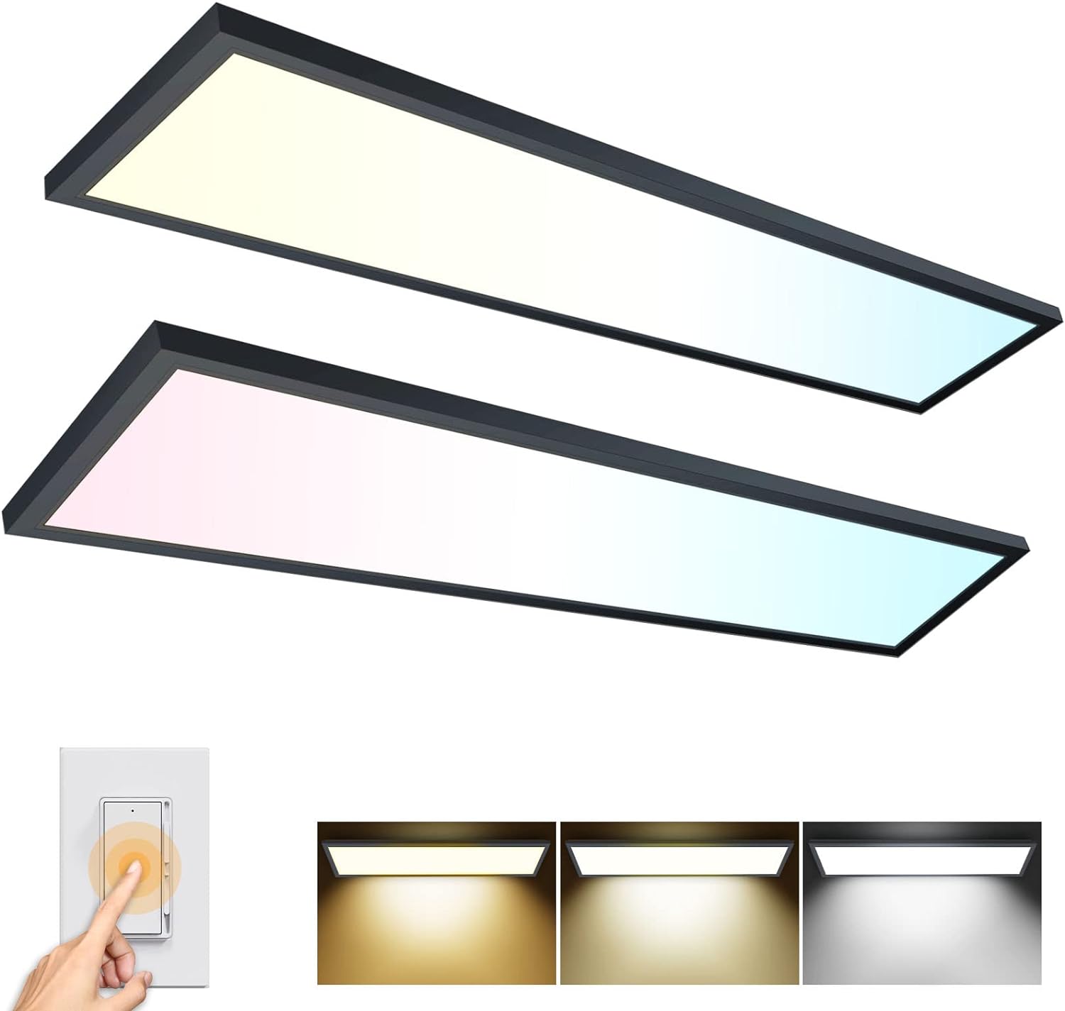 AIKVSXER 1x4 LED Flat Panel Light CPANL Surface Mount LED Ceiling Light Black, 5500LM 50W TRIAC 10-100% Dimmable, 3000/4000/5000k Selectable 4 Foot LED Light Fixture for Kitchen/Laundry/Garage 2PACK