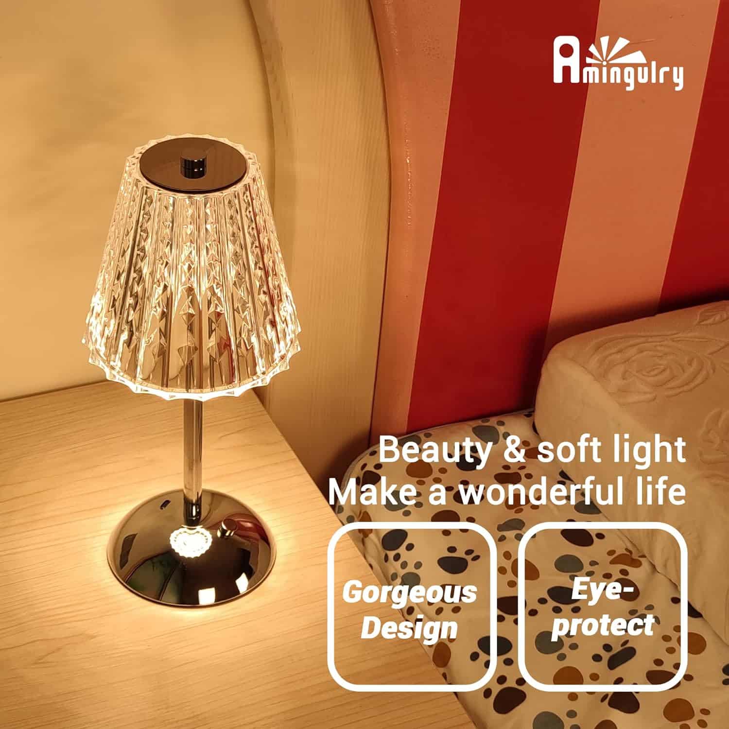 Amingulry Cordless Table Lamp, Rechargeable Battery Operated Lamp, 3 Color Modes  Stepless Dimmable LED Touch Lamp, Portable Crystal Gold Metal Beside Lamps for Bedroom Living Room Restaurant Outdoor