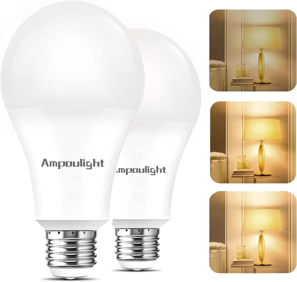 Ampoulight 3 Way Led Light Bulb 50-100-150W Equivalent A21,3 Way Bulb 4000K Natural White,500-1600-2200LM High Lumens, 6-14-20W E26 Medium Base Bulb for Reading 2 Pack