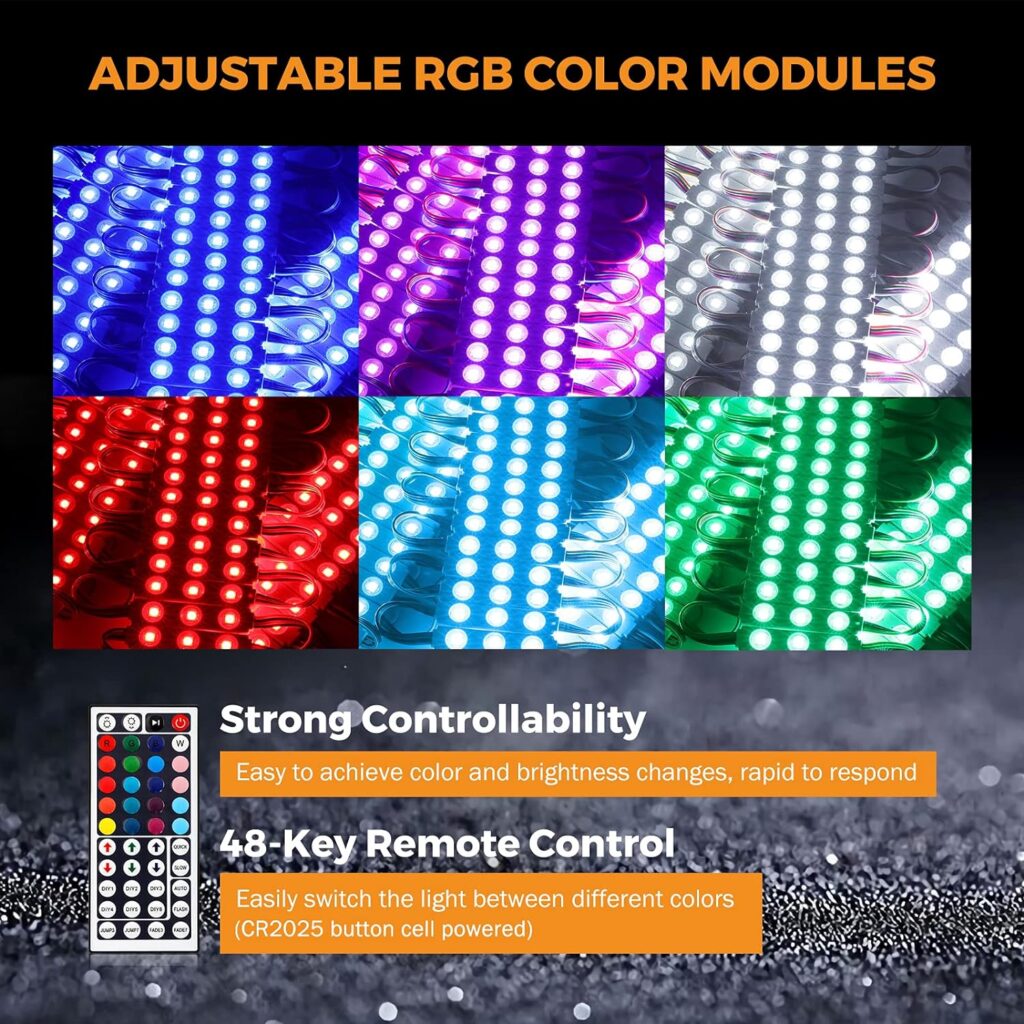 BEAMNOVA 50Ft Commercial RGB Storefront Light Kit for Business with Remote Control, 12v Power Supply Transformer, 100Pcs 3-LED Outdoor Adhesive Waterproof Strip Lights
