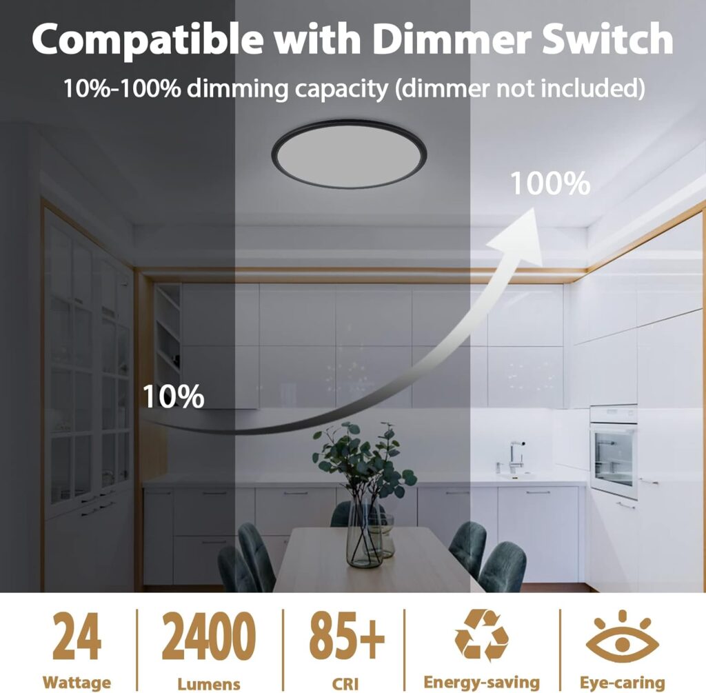 BrightHome 250W Equivalent 12in LED Flush Mount Ceiling Light Fixtures 24W, 3000K/4000K/6500K Adjustable, Slim Dimmable Ceiling Lamps, 2400LM Modern Round Flat Lights for Kitchen Hallway White 2 Packs