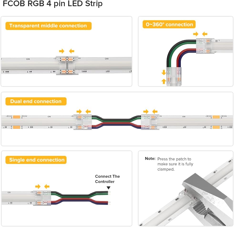 BTF-LIGHTING FCOB COB 50pcs 8mm 0.31in Transparent Connector Support FCOB 8mm Width 2 pin v+ v- Single Color LED Strip Corner Connection(Without Wires)