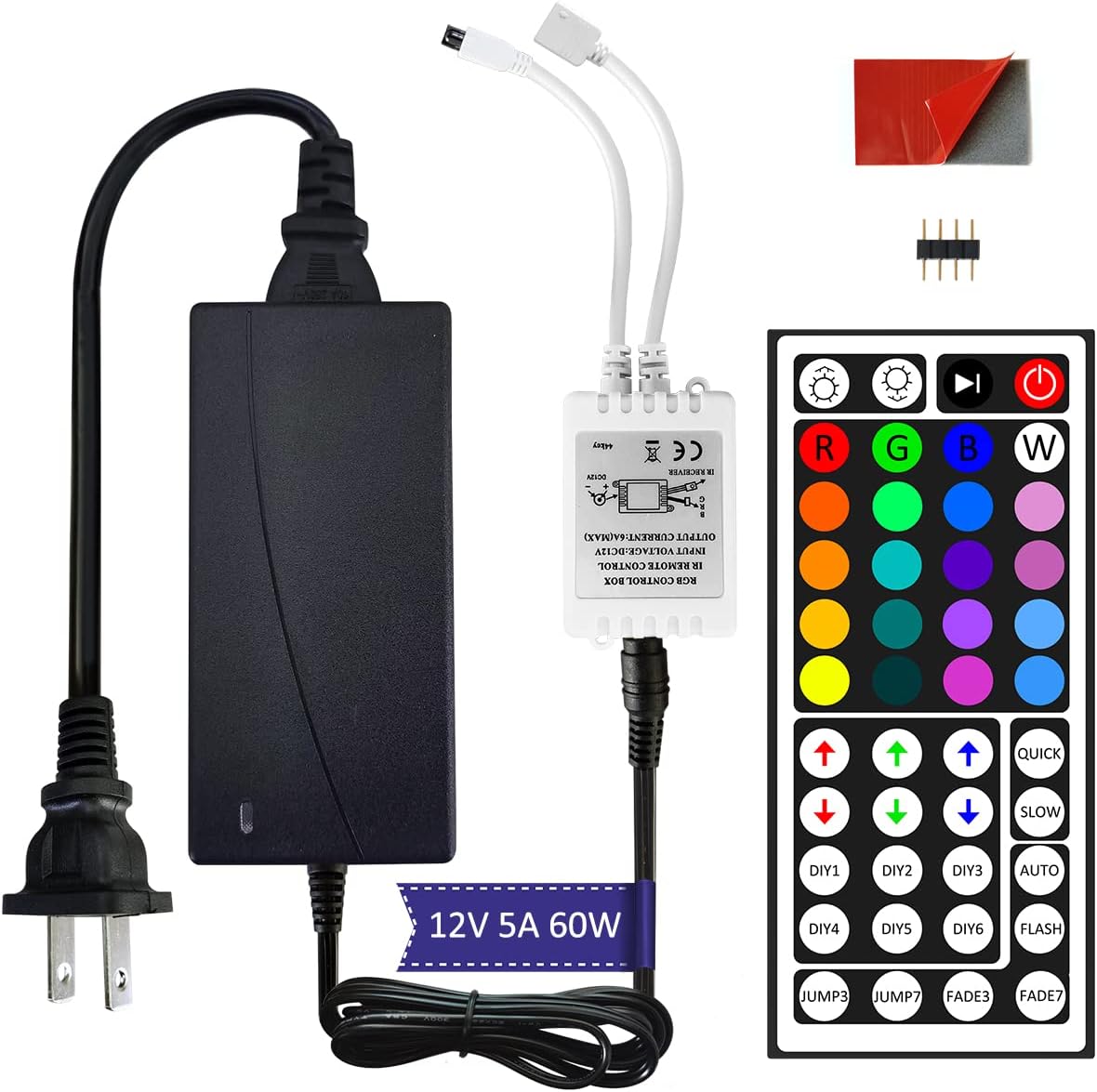 Clordeal 12V Power Supply, 44key Wireless IR Remote Control + RGB Control Box + 12V 5A LED Adapter for SMD 3528 5050 RGB Led Strip Lights (Not Compatiable with 24V LED Strip Lights)