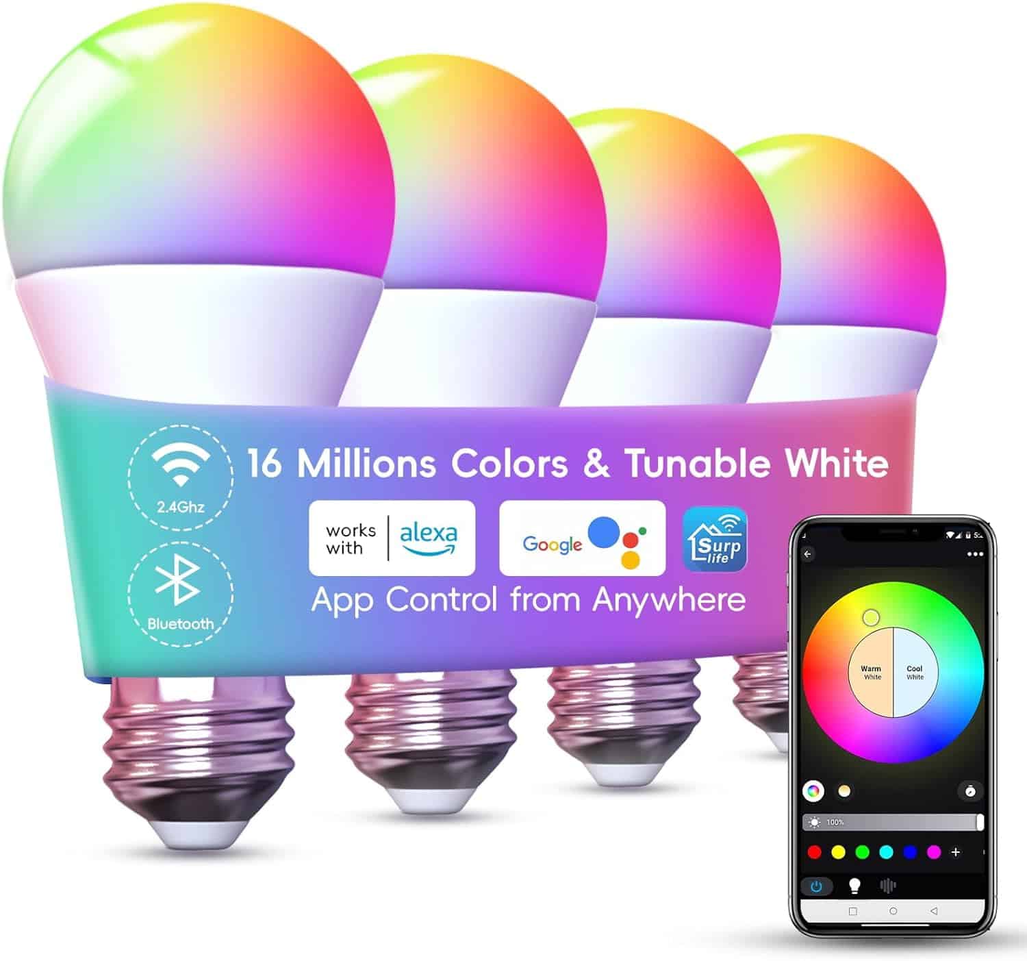 Color Changing Light Bulb App Control, 2.4Ghz WiFi and Bluetooth Smart Light Bulbs Music Sync, 1200LM Magic RGB Light Bulb Smart Bulbs That Work with Alexa Google, E26 E27 B22 LED Light Bulb, 4 Pack
