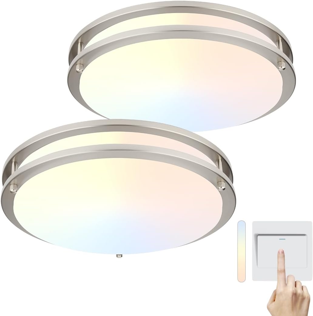 DAKASON 2Pack LED Flush Mount Ceiling Light Fixture 13” 20W, On/Off Switch to Select 3000K/4000K/5000K, Dimmable Ceiling Lamp for Kitchen, Hallway, Stairwell, Brushed Nickel
