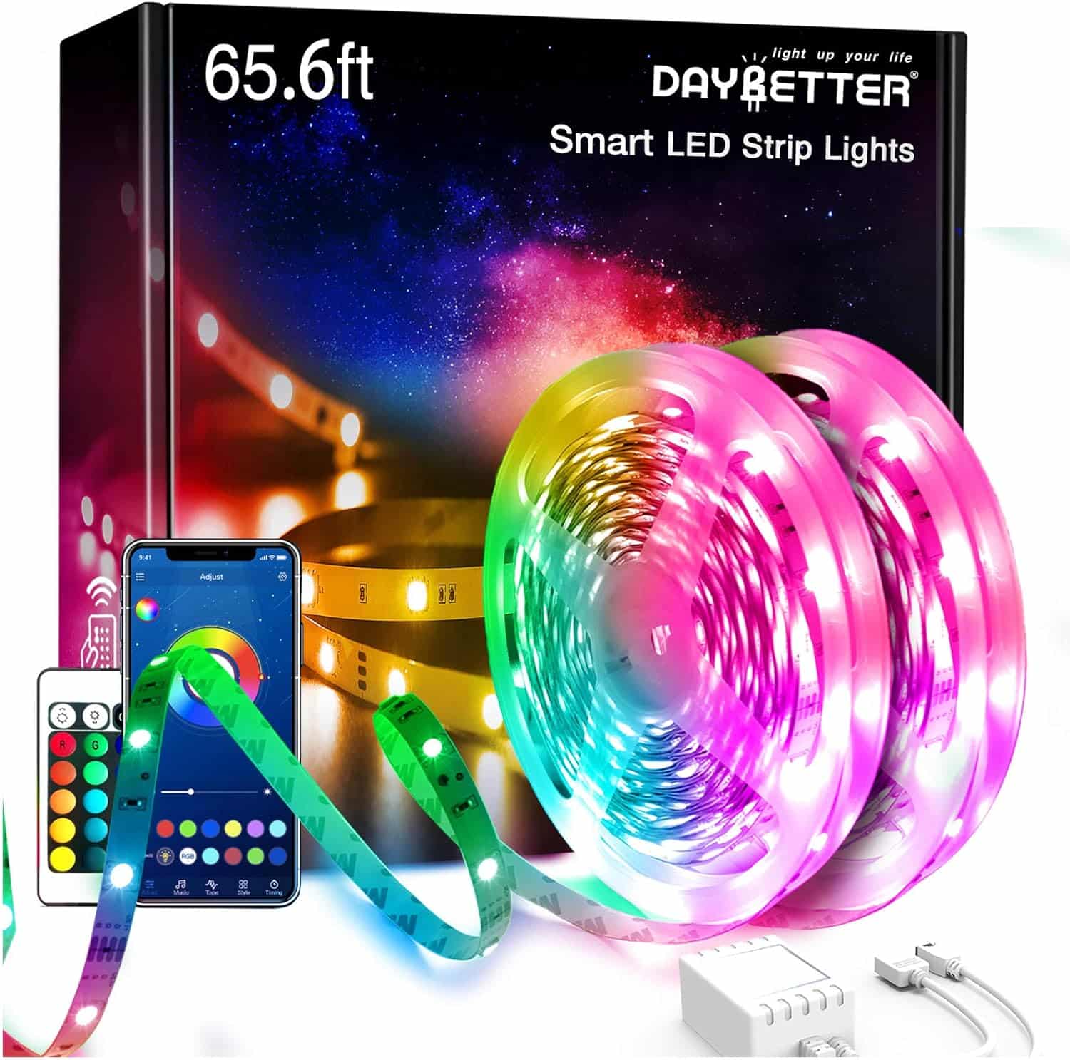 DAYBETTER Led Lights 100ft, 2 Rolls of 50ft Led Lights for Bedroom, Long Smart Led Strip Lights with Remote and App Control, Music Sync RGB Color Changing Led Light Strips for Room Decoration