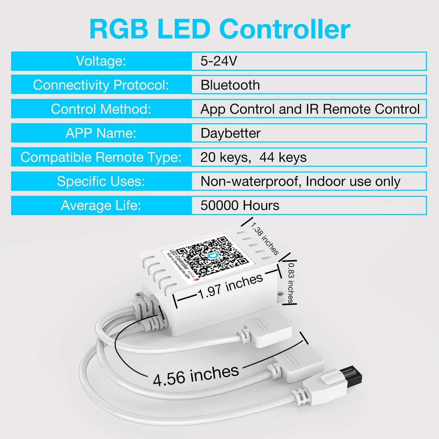DAYBETTER Updated Bluetooth Remote Control for RGB LED Light Strips, 2 Ports 24 Key 4 Pin Output Dimmable LED Strip Lights Voltage DC 12V(Without Power Adapter)