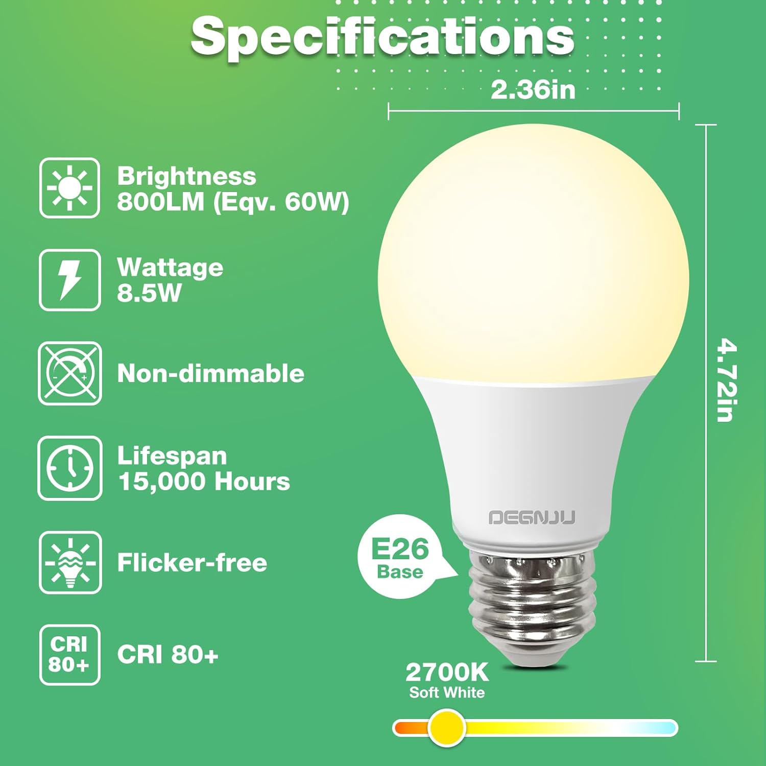 DEGNJU A19 LED Light Bulbs, 100 Watt Equivalent LED Bulbs, Daylight 5000K, 1500 Lumens, E26 Standard Base, Non-Dimmable, 13W Bright White LED Bulbs for Bedroom Living Room Home Office, 3 Pack