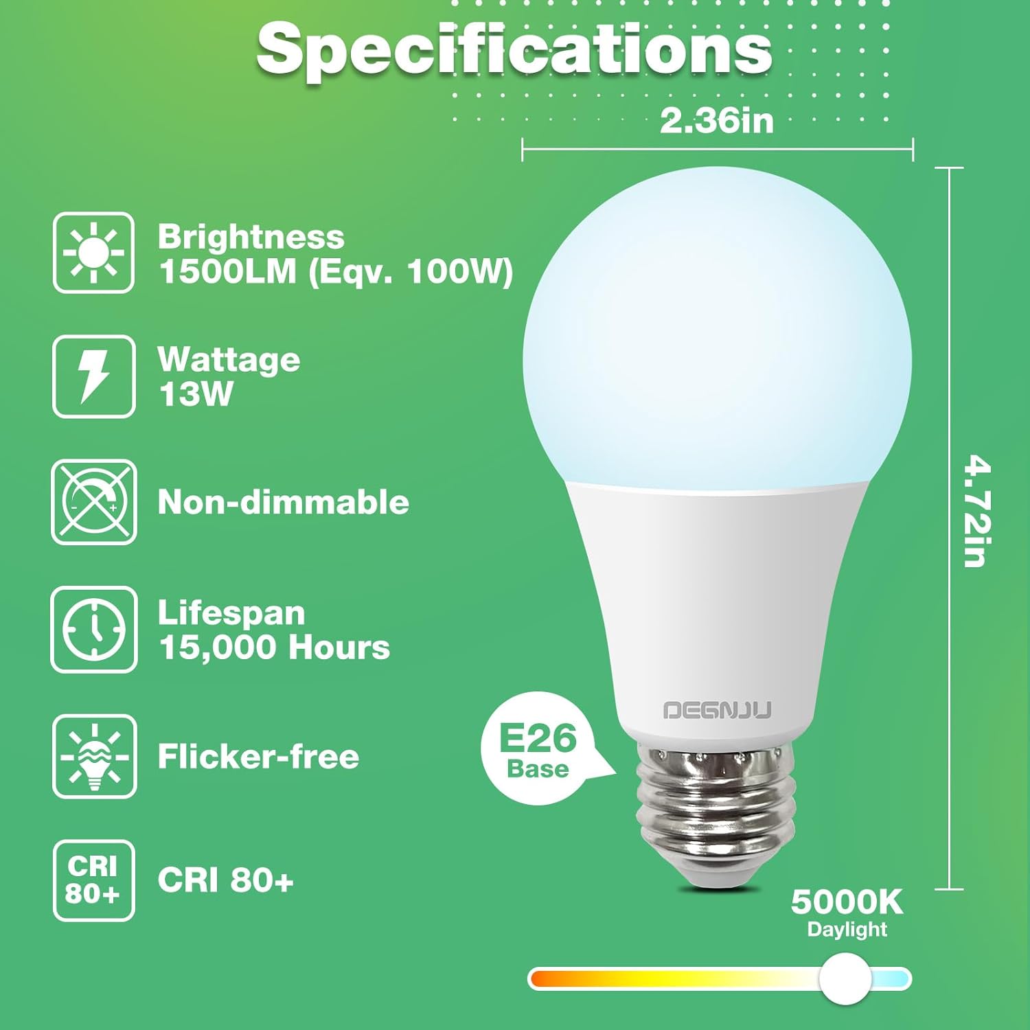 DEGNJU A19 LED Light Bulbs, 100 Watt Equivalent LED Bulbs, Daylight 5000K, 1500 Lumens, E26 Standard Base, Non-Dimmable, 13W Bright White LED Bulbs for Bedroom Living Room Home Office, 3 Pack