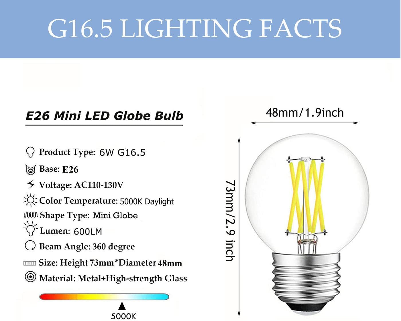 Dimmable G16.5 LED Light Bulbs, 6W E26 Edison LED Bulbs,Daylight 5000K,600lm,6W Equal 60 Watt,G50 Globe Light Bulb for Pendant Vintage LED Filament Edison Candle Bulb with Decorative, 5-Pack