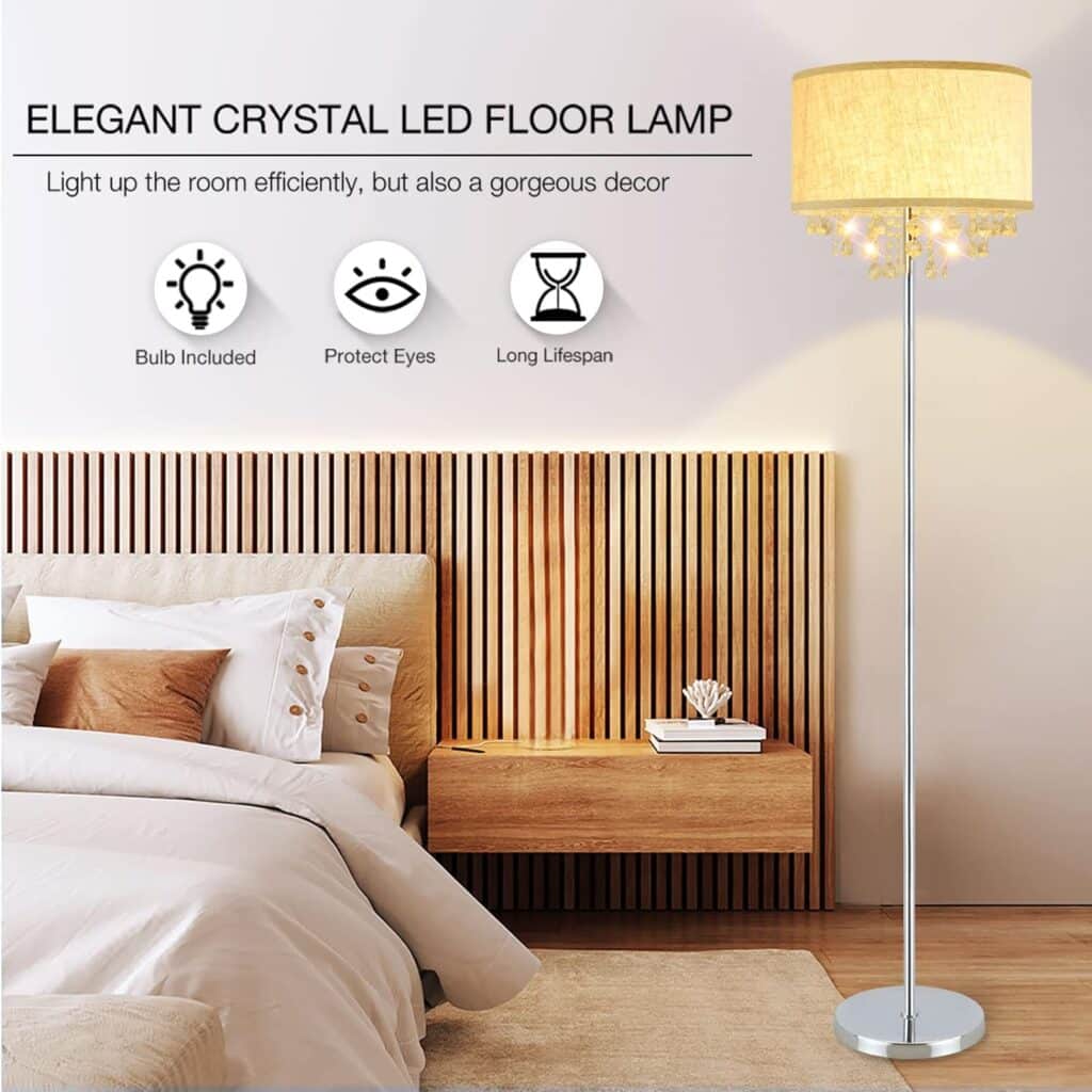 DLLT LED Floor Lamp for Living Room, Crystal Elegant Reading Standing Light for Kids Bedroom, Suit Mid Century, Modern  Farmhouse Rooms, Tall Pole with Fabric Drum Shade, Brass, E26 Warm Light