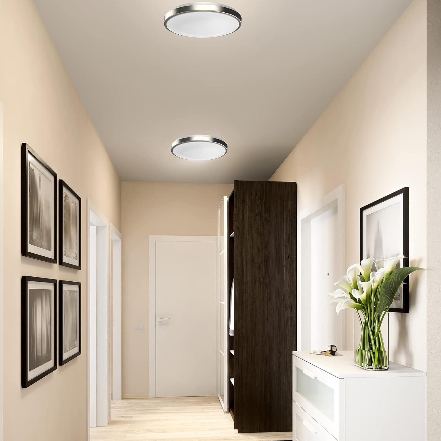 DYMOND 10 Inch LED Ceiling Light Flush Mount Brushed Nickel Dimmable Ring 3000K Warm White for Bedroom, Kitchen, Bathroom, Hallway, Stairwell