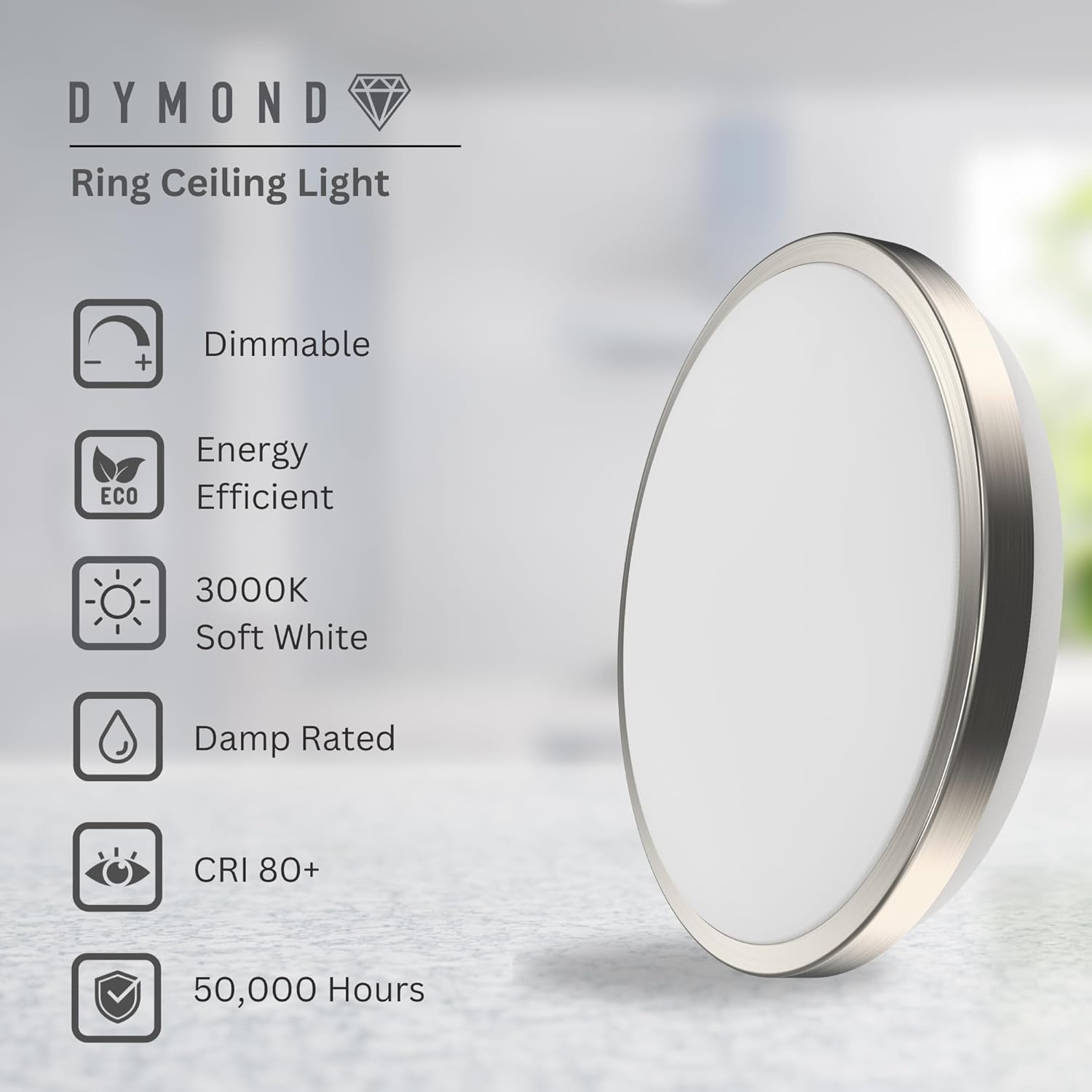 DYMOND 10 Inch LED Ceiling Light Flush Mount Brushed Nickel Dimmable Ring 3000K Warm White for Bedroom, Kitchen, Bathroom, Hallway, Stairwell
