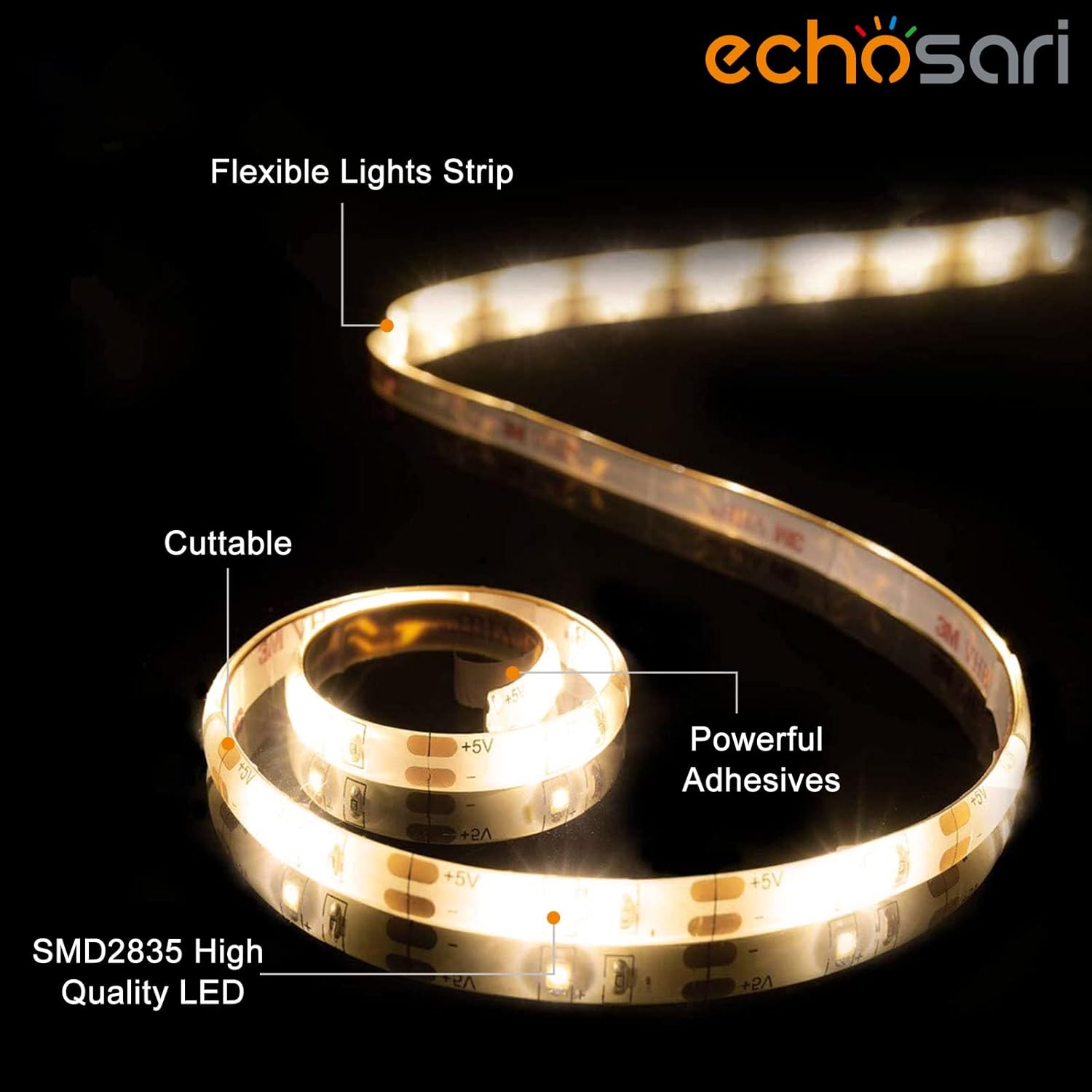 echosari Battery Powered Led Strip Lights with Remote Warm White, 8 Modes, Dimmable, Timer, Self-Adhesive, Cuttable, Waterproof, 9.8FT 90Led Strip Lights for TV Kitchen Cupboard Bedroom Decor