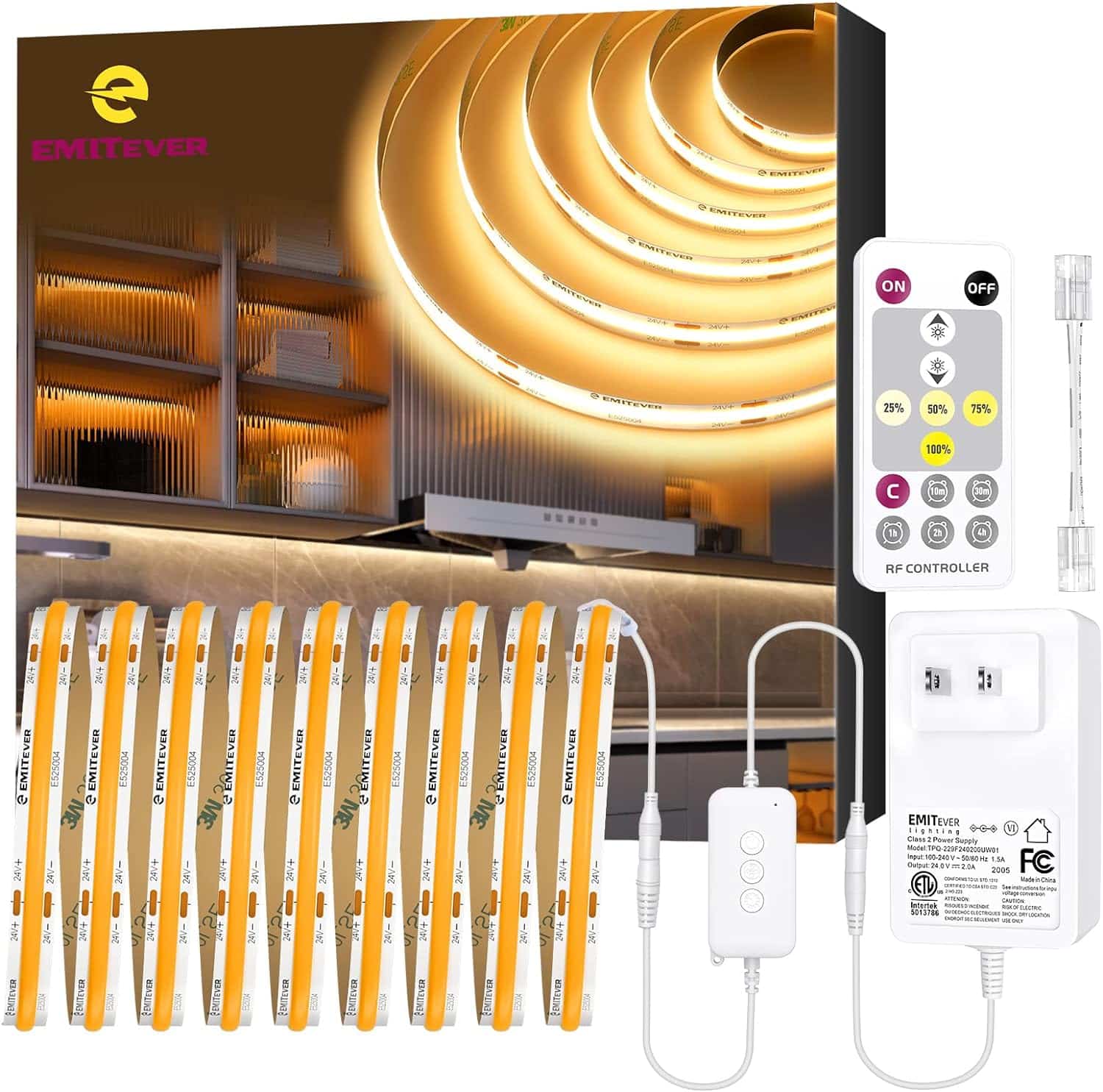 EMITEVER LED Strip Light Warm White 3000K 16.4ft,24V DC COB Dimmable Tape Lights with RF Controller,Premium High Density Power Adapter,1400LEDs UL Listed for Bedroom,Kitchen Cabinets,Indoor Use