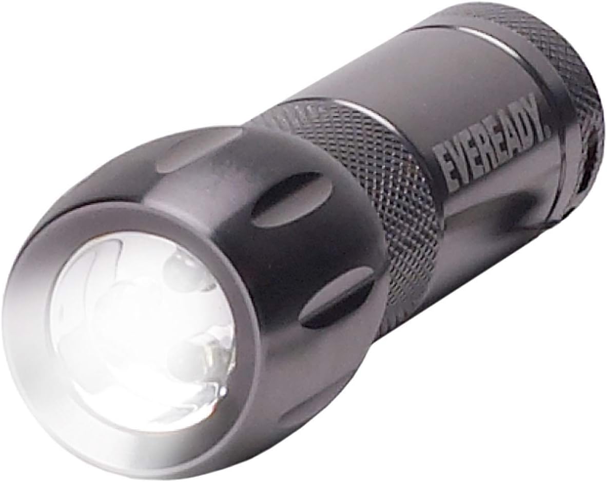 Eveready Compact LED Metal Flashlight​​​​ Water Resistant, Includes 3 Super Heavy Duty AAA Batteries, 21 Lumens , Black