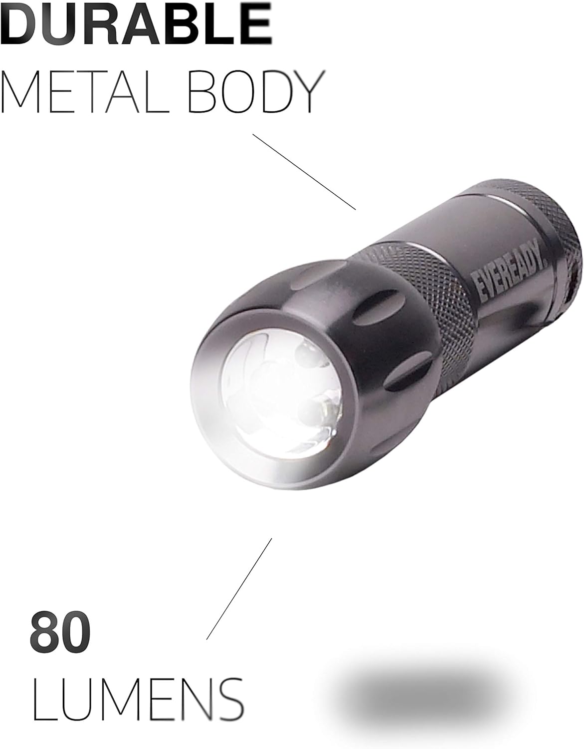 Eveready Compact LED Metal Flashlight​​​​ Water Resistant, Includes 3 Super Heavy Duty AAA Batteries, 21 Lumens , Black