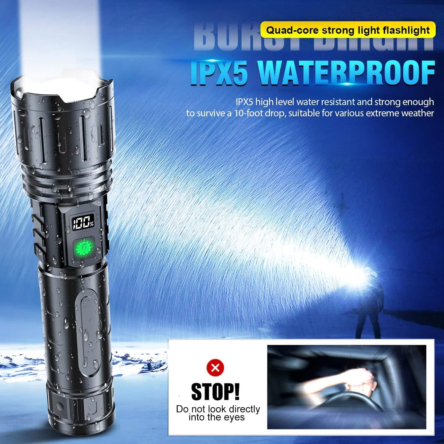 Flashlights 20000 High Lumens Rechargeable - 1500 Meters Long Beam Super Bright LED Flash Light with Power Display  IPX5 Waterproof for Camping, 20H Runtime,5 Modes,Zoomable Handheld Flashlight
