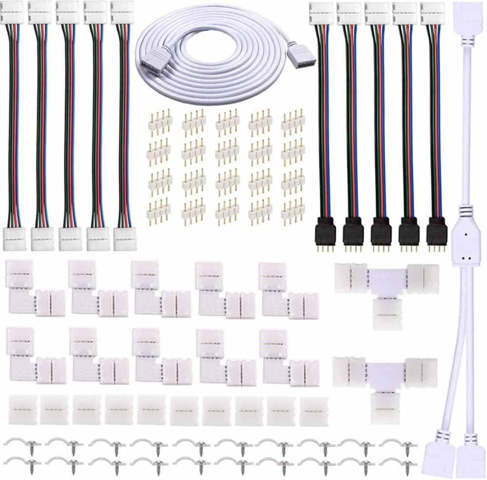 FSJEE 4 Pin LED Strip Connector Kit for 5050 10mm LED Light Strip,Include 8 Types of Solderless Accessories,Provide Most of Parts for DIY Lighting Project