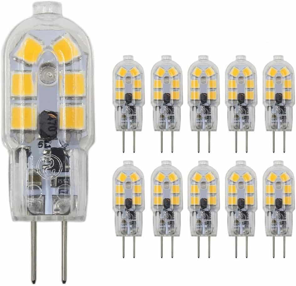 G4 LED Light Bulbs G4 Bi-Pin Base 1.5W (20W Halogen Bulb Equivalent) 12V Warm White 3000K LED Bulbs for Landscape Ceiling Under Counter Puck Lighting,Pack of 10,Clear Cover