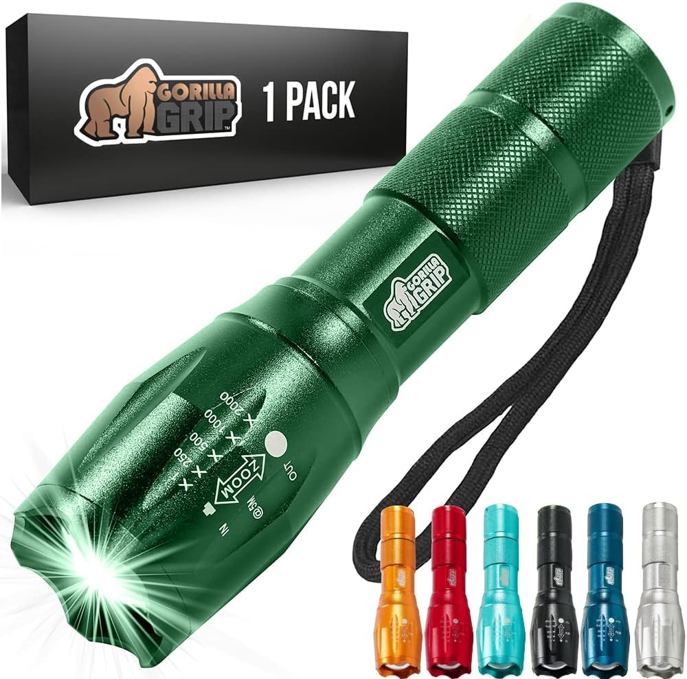 Gorilla Grip Powerful LED 750 FT Water Resistant 5 Adjustable Mode Tactical Flashlight, High Lumens Ultra Bright Battery Life Zoom Flashlights, Small Camping Car Mini Flash Light Accessories, Green