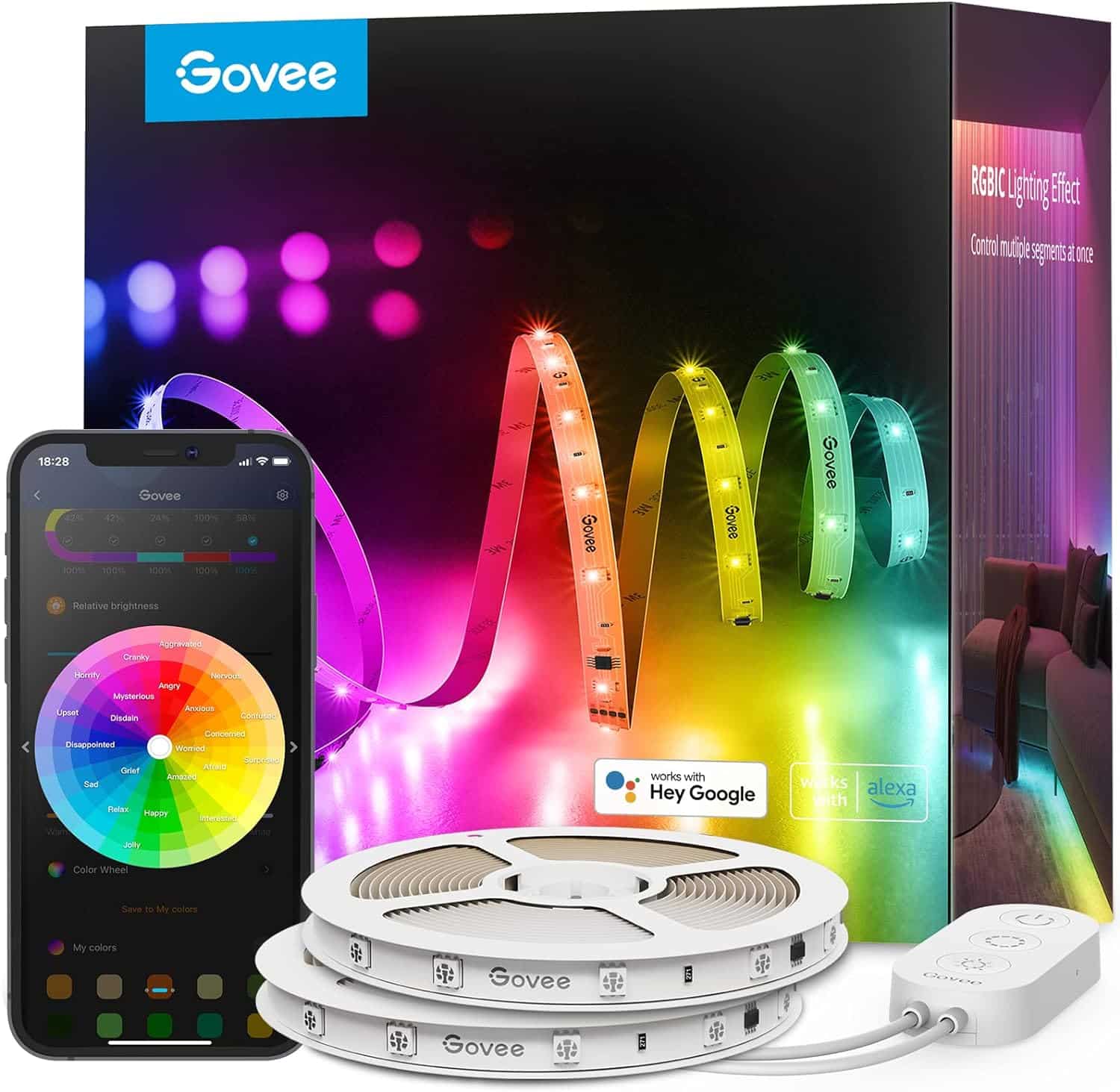 Govee 100ft RGBIC LED Strip Lights, Smart LED Lights Work with Alexa and Google Assistant, WiFi App Control Segmented DIY Multiple Colors, Color Changing Lights Music Sync, LED Lights for Bedroom
