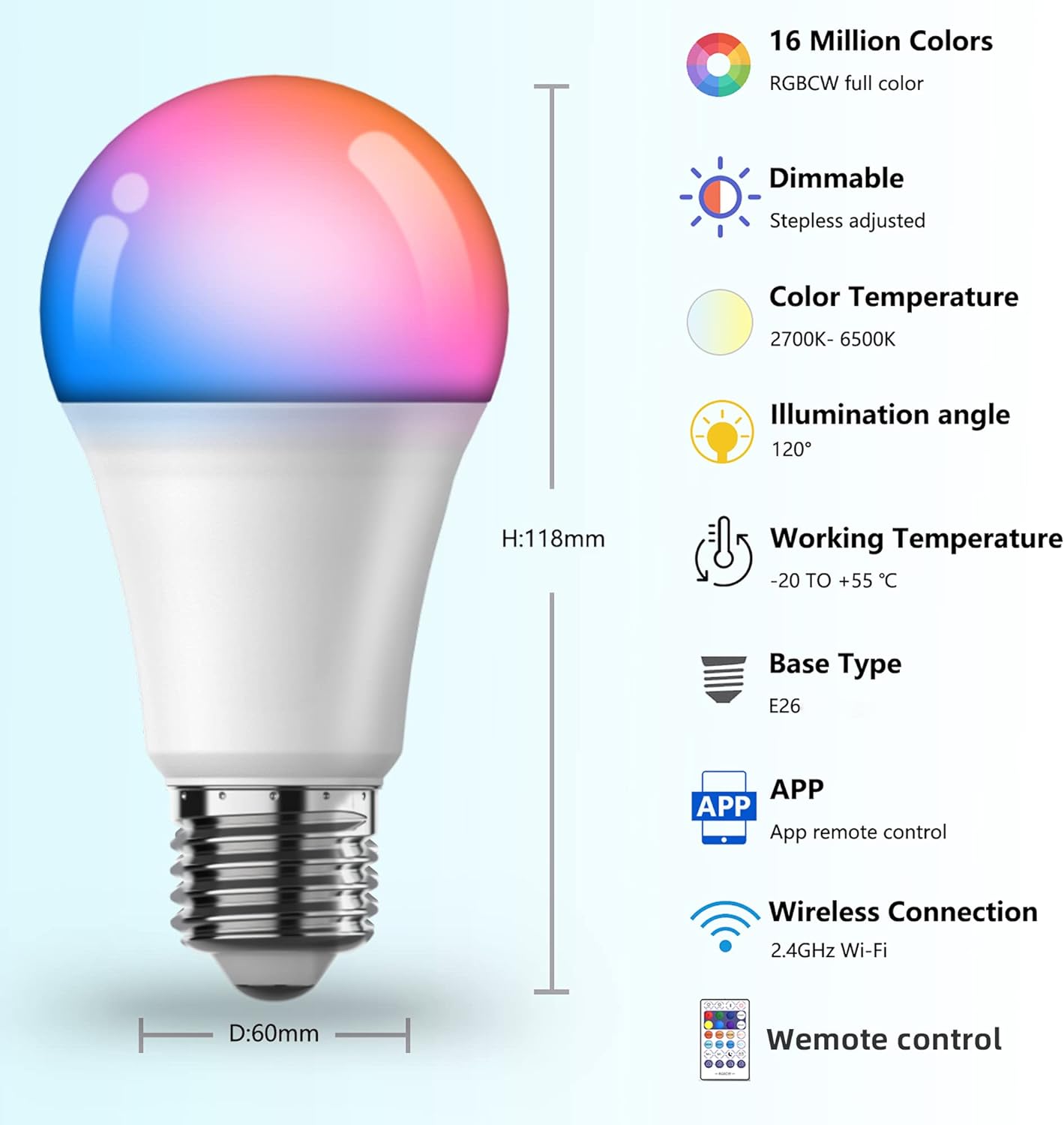 HINITOYOU Color Changing Light Bulb WiFi  Bluetooth LED Bulbs with Remote Control Smart Bulb That Work with Alexa  Google Home A19 E26 2.4Ghz 800LM Dimmable 60W (4PCS)