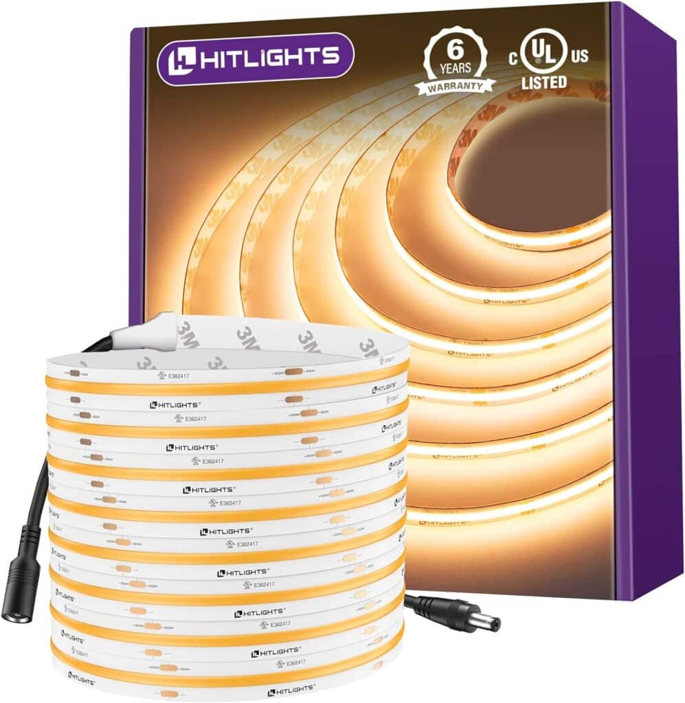 HitLights COB LED Strip Lights Warm White 2700K, 16.4ft Premium High Density 24V Tape Light, 2560 LEDs, 425+ LM/ft, CRI 90+, IP30, Lighting for Kitchen, Cabinets, UL Listed (Power Source Not Included)