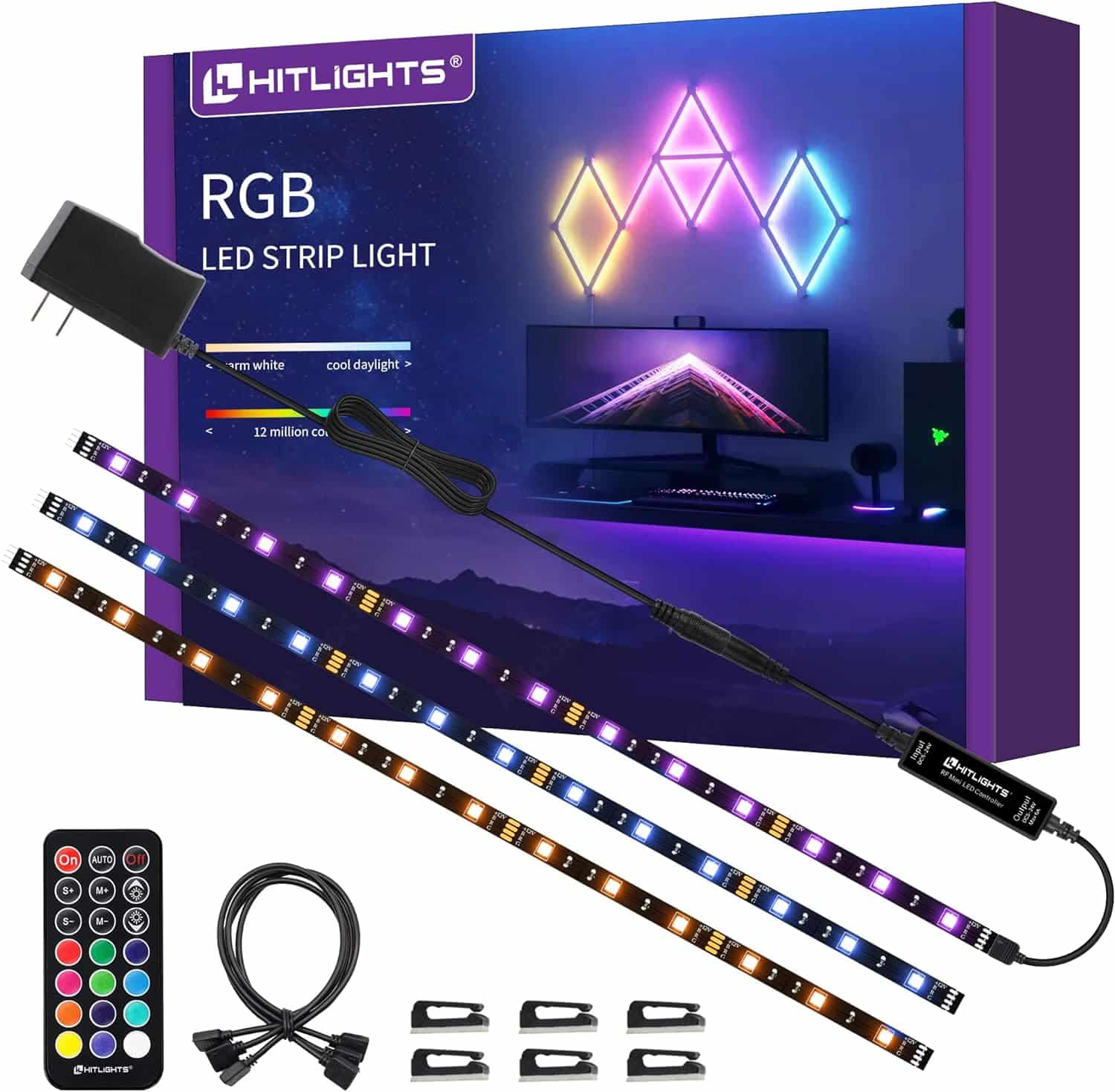 Hitlights LED Strip Lights 3 Pcs 1.64FT RGB Small LED Light Strips Kit Dimmable RGB 5050 Color Changing Tape Lights TV Backlight Display Case Lights Shelves Lighting with RF Remote  UL-Listed Adapter