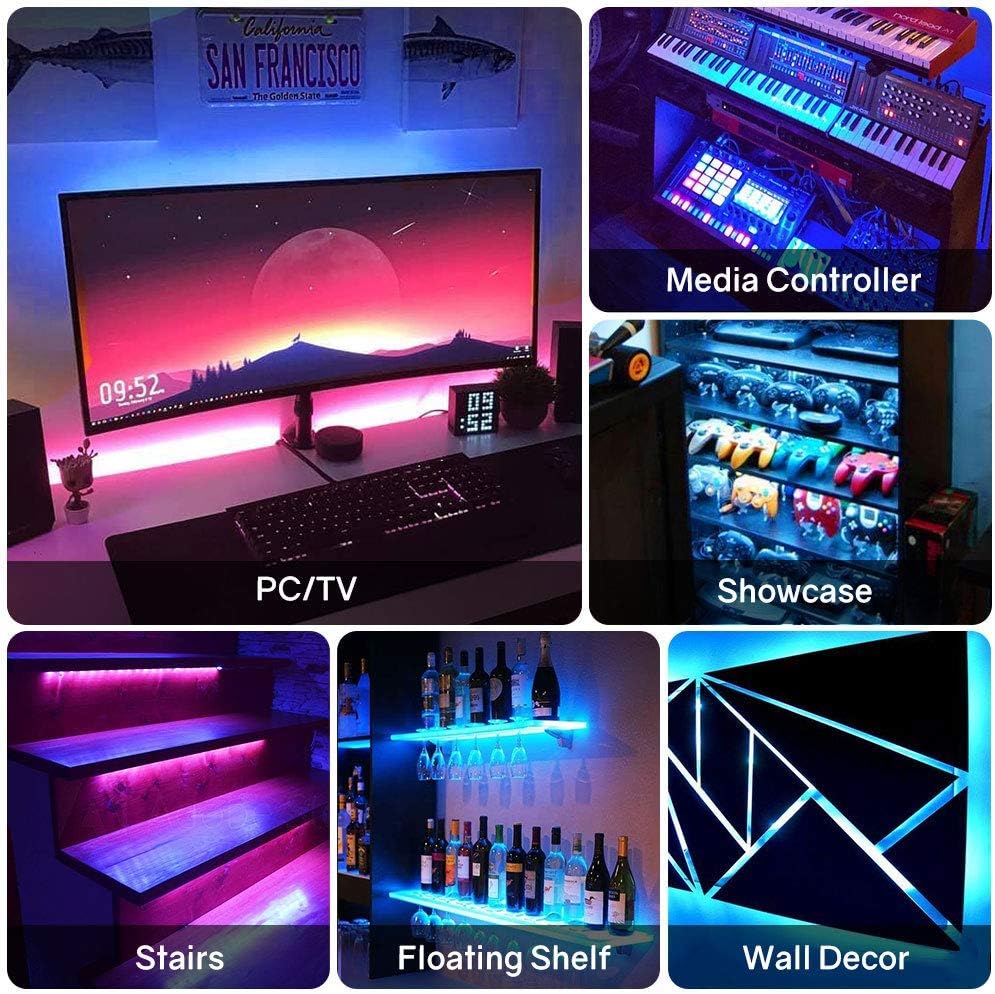 Hitlights LED Strip Lights 3 Pcs 1.64FT RGB Small LED Light Strips Kit Dimmable RGB 5050 Color Changing Tape Lights TV Backlight Display Case Lights Shelves Lighting with RF Remote  UL-Listed Adapter