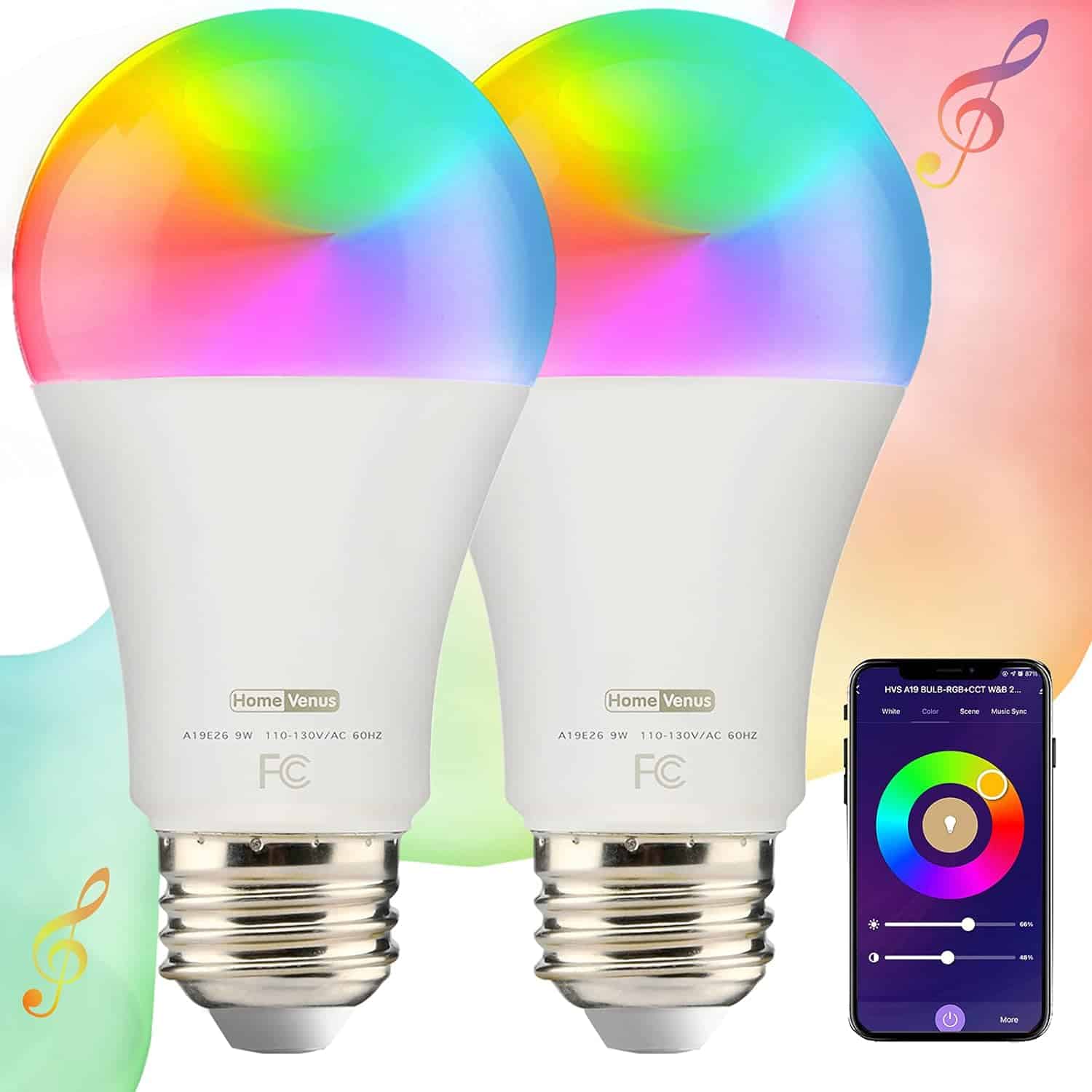Homevenus HVS Smart Light Bulbs, 9W Equivalent 60W A19 E26 RGBW Music Sync Color Changing LED Light Bulbs, App 2.4GHz WiFi Dimmable Tunable White Work with Alexa Google Assistant, 4 Pack