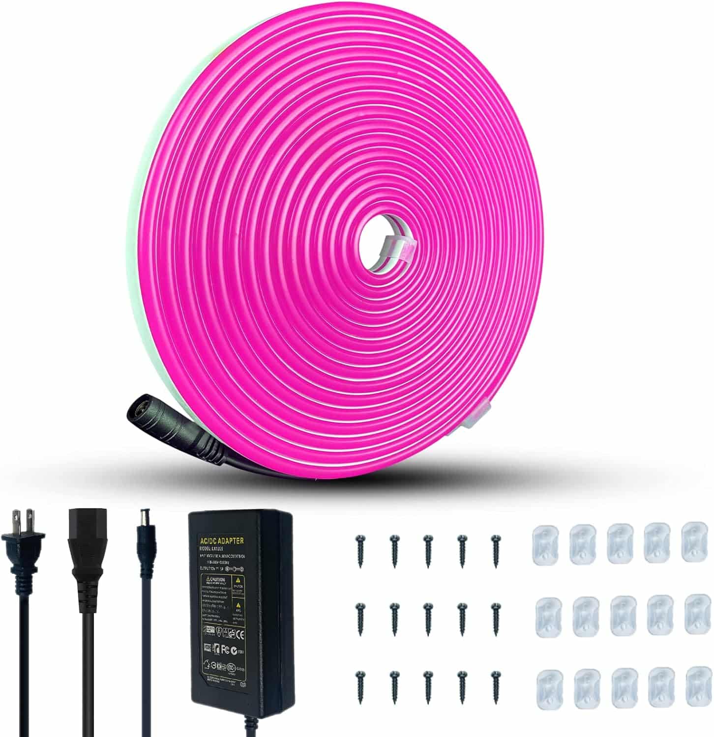 JO.KO LED Silicone Neon Light Strip, Neon Rope Light 12v 16.4 Ft/5m Waterproof DIY Cuttable Outdoor Neon Lights (Power Adapter Included)(Pink)