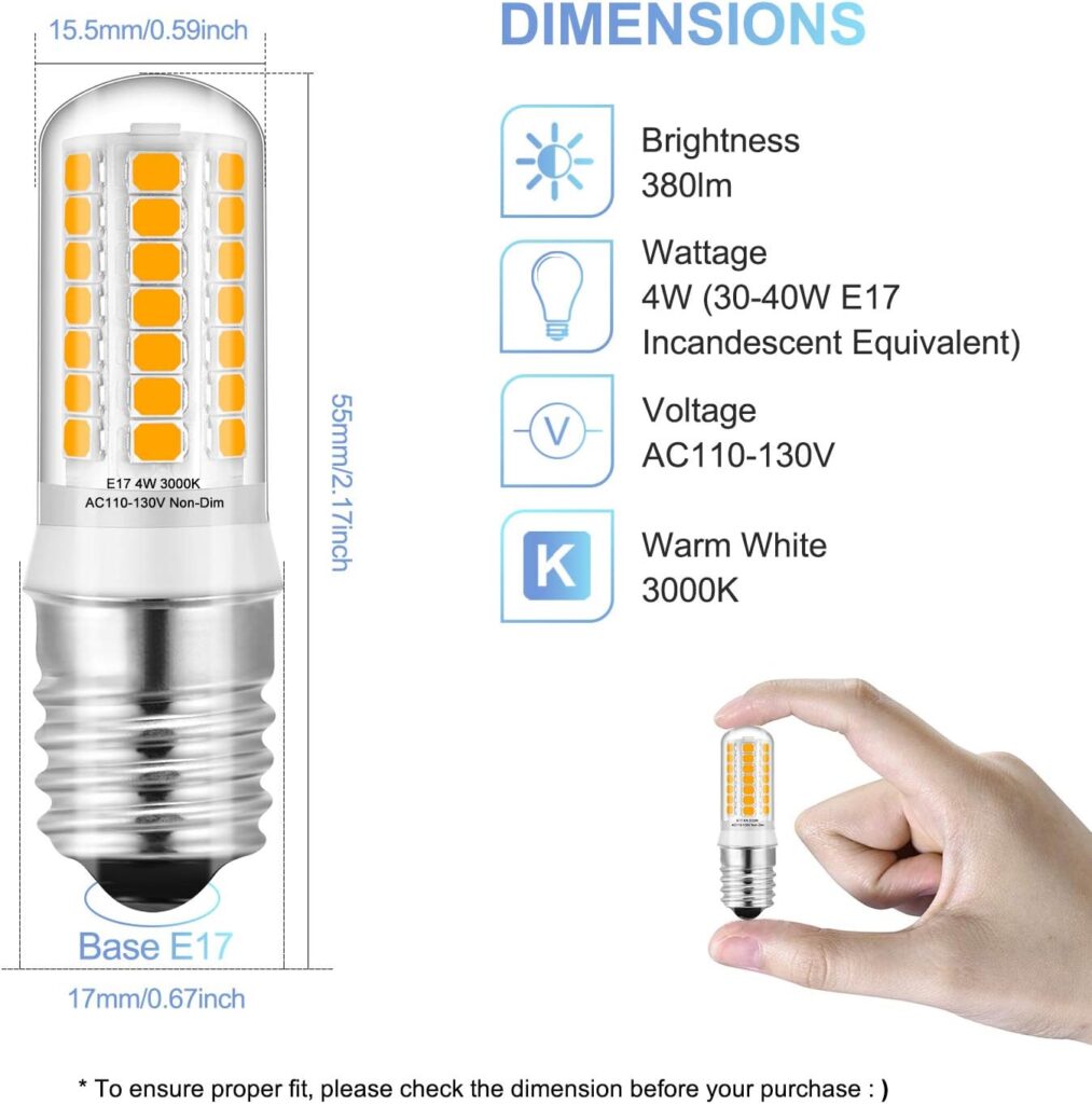 KLG E17 LED Bulbs Dimmable Under Microwave Oven Stove Lights, Daylight 6000K, 40W Incandescent Equivalent, E17 LED Aappliance Bulbs Stove Hood Light, Pack of 2