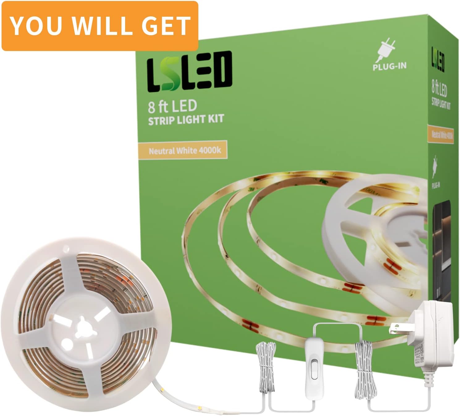 L5L3D LED Strip Lights, 8ft LED Light Strip, 12V 4000K Neutral White Tape Light with PU Coating, LED Lights for Bedroom, Kitchen, Mirror, Home Decor, ETL Listed