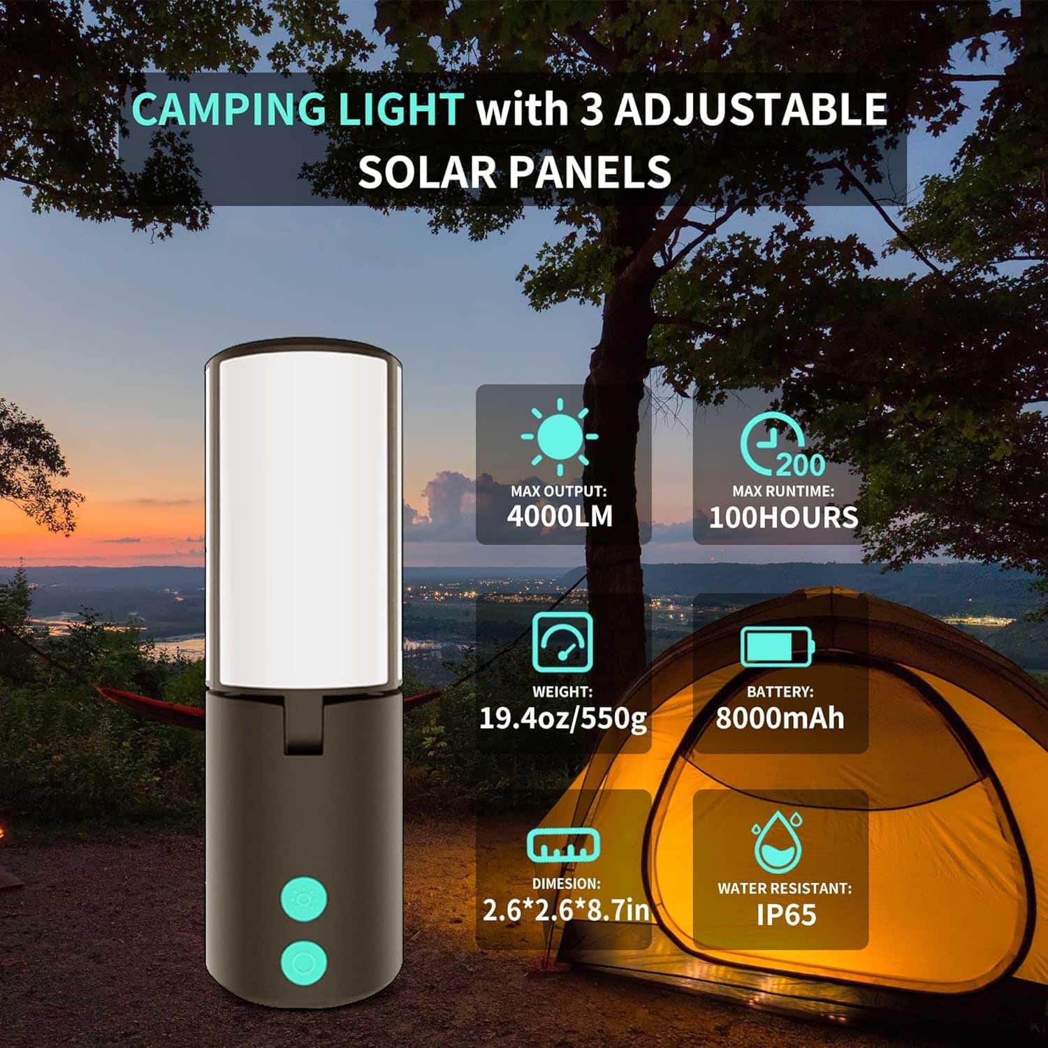 LED Camping Lantern with 3 Solar Panels, 8000mAh Rechargeable Camping Lights, 4000LM 5-in-1 Dimmable Waterproof Flashlight, Portable Lamp Lantern for Power Outages, Hanging Tent, Hurricane, Emergency