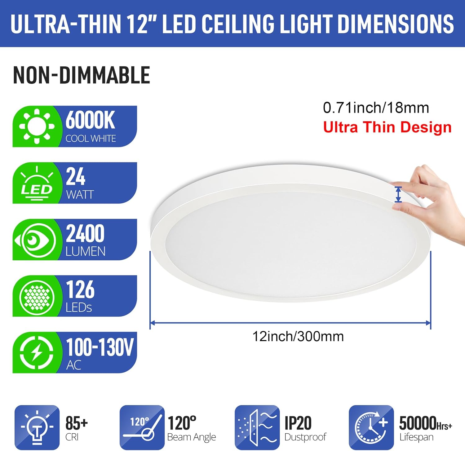 LED Flush Mount Ceiling Light Fixture, 5000K Daylight White, 2400LM, 12 Inch 24W Round Flat , 240W Equivalent Modern Panel Lamp for Bathroom Hallway Kitchen Stairwell, Non-Dimmable