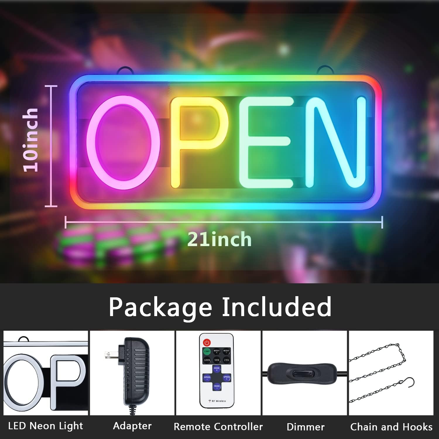 Led Open Sign, 21×10 inch Bright Neon Open Sign with Remote, Color Changing  Scrolling Modes, Adjustable Brightness and Speed RGB Open Signs for Business Bar Restaurant Hotel Storefront Window