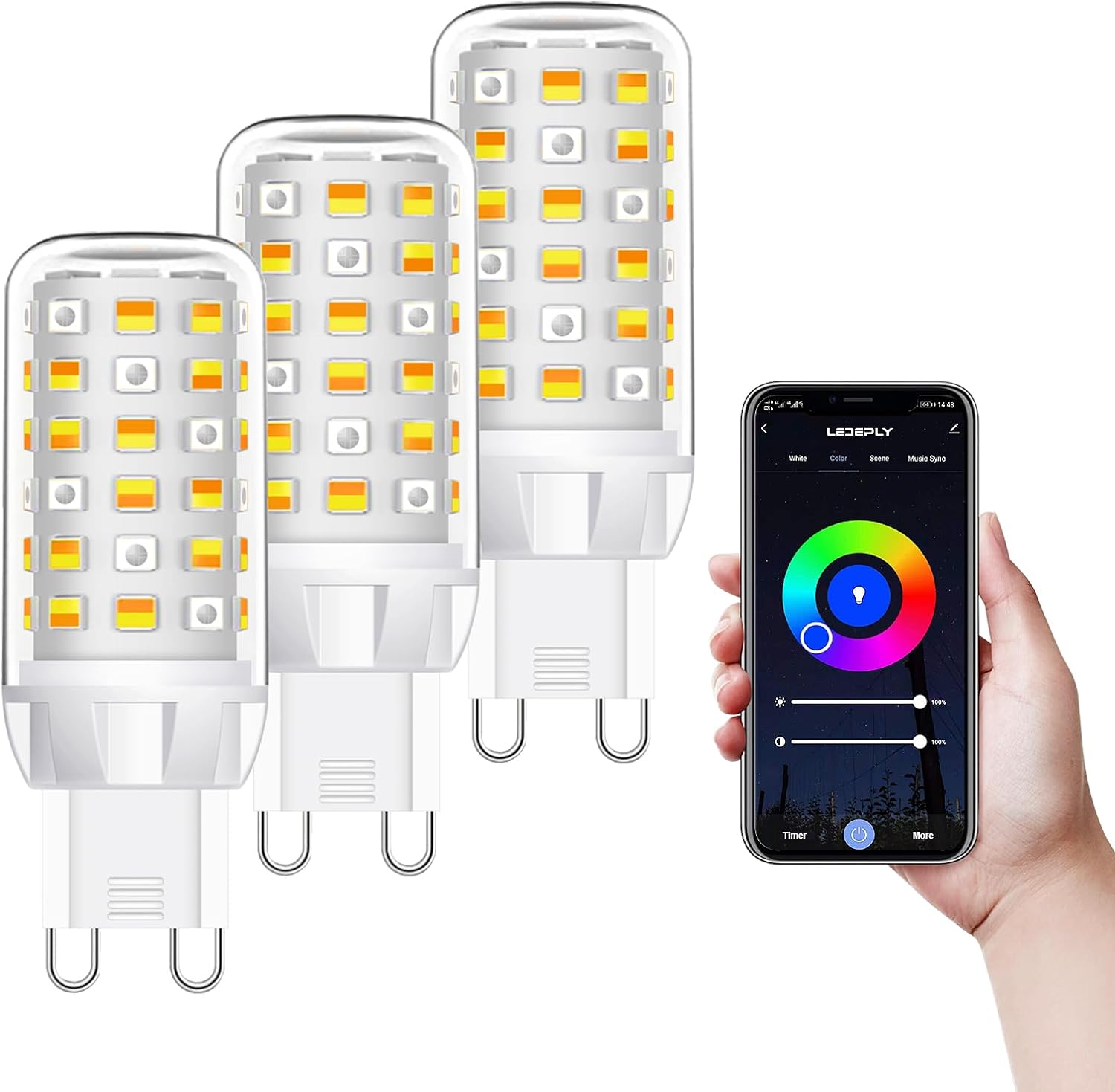 LEDEPLY WiFi G9 Smart Bulb, RGBCW, 3.5W=40W, Compatible with Alexa Google Home, Dimmable, Tunable White(2700k-6500k), Smart LED Bulb Remote Control, No Flickering, 3 Pack