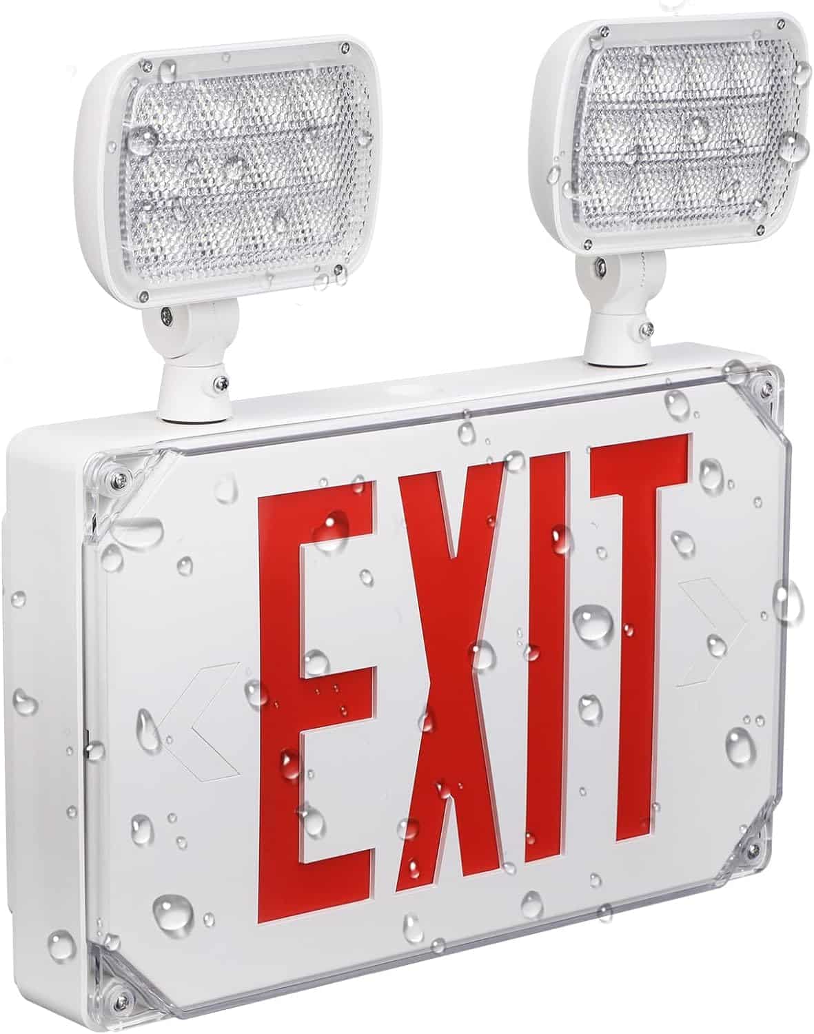 LEONLITE LED Exit Light, Wet Location Exit Sign with Emergency Lights, UL Listed, Combo Emergency Light with Battery Backup, Outdoor Hardwired Exit Light, 2 Dual Heads, Double Face, AC 120/277V, Red