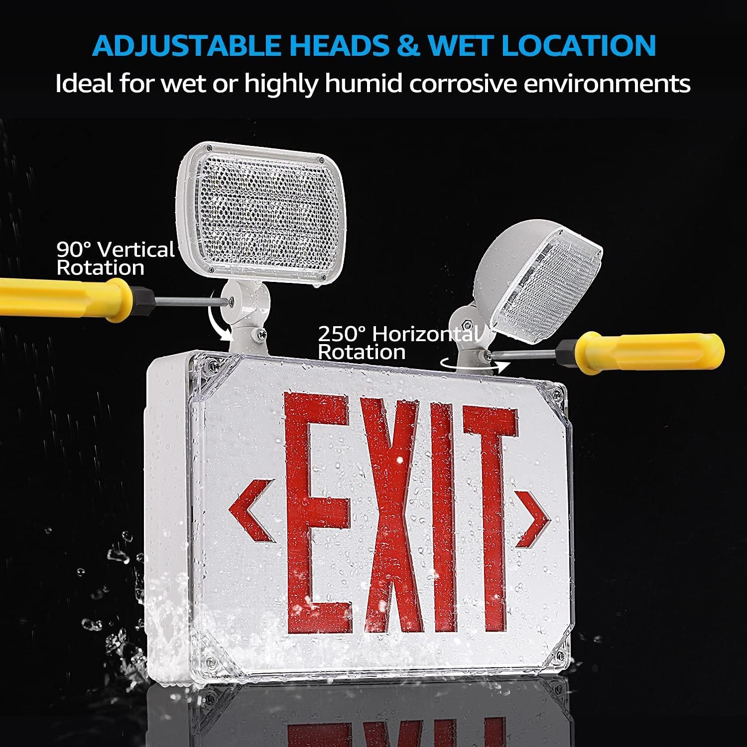 LEONLITE LED Exit Light, Wet Location Exit Sign with Emergency Lights, UL Listed, Combo Emergency Light with Battery Backup, Outdoor Hardwired Exit Light, 2 Dual Heads, Double Face, AC 120/277V, Red